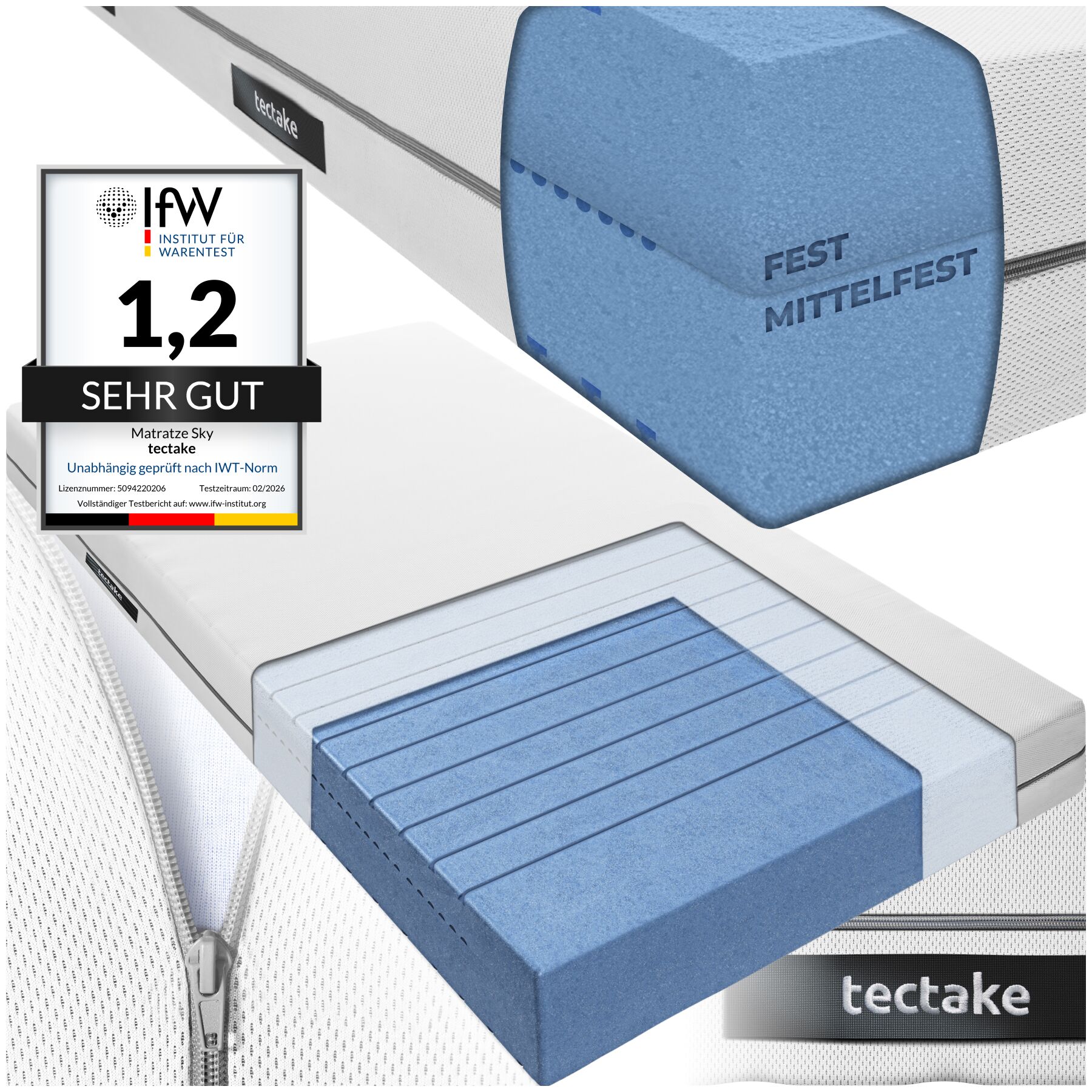 tectake&reg; Matratze, verschiedene Gr&ouml;&szlig;en, langlebig und formstabil, waschbarer Bezug aus atmungsaktivem 3D-Meshgewebe 