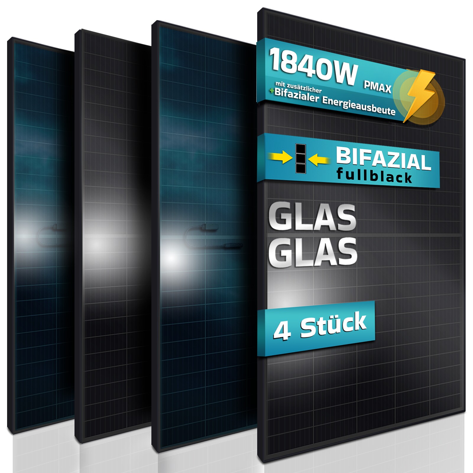 SUNNIVA® Solarpanel, 4x 460 W, FULL BLACK, Bifazial, Glas-Glas, N-Type Solarmodul, PV Module Solarpanel, PMax 1840W (4x460W), für Balkonkraftwerk Solaranlage PV Panel Photovoltaik Solar Komplettanlage