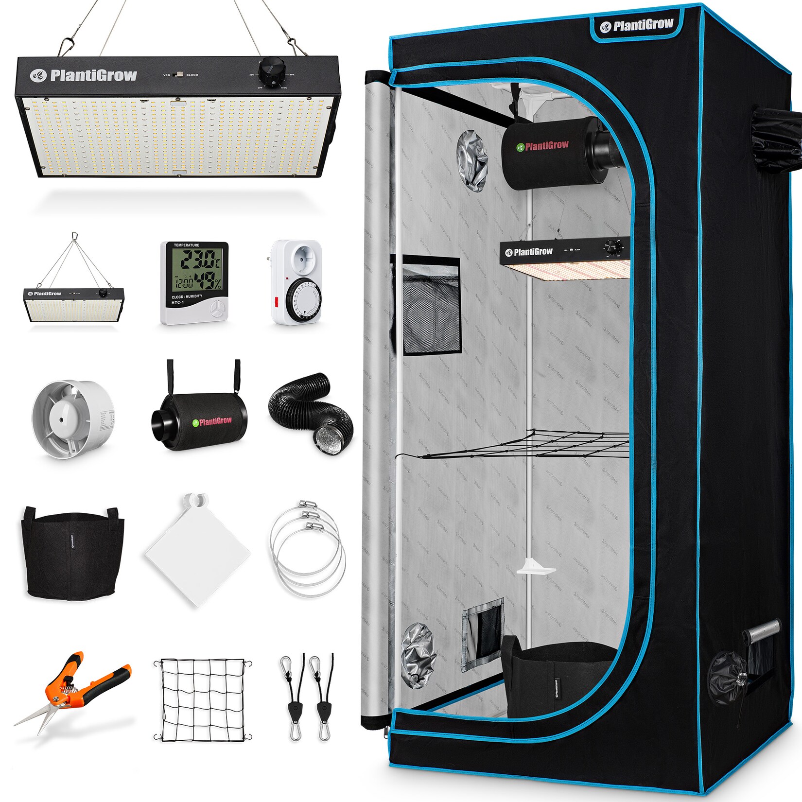 Growbox Komplettset – Indoor Gewächshaus mit 150W LED Vollspektrum Dimmbar, Carbon-Filter, Ventilator, Anzuchtzelt, Zuchtzelt - 100x100x200