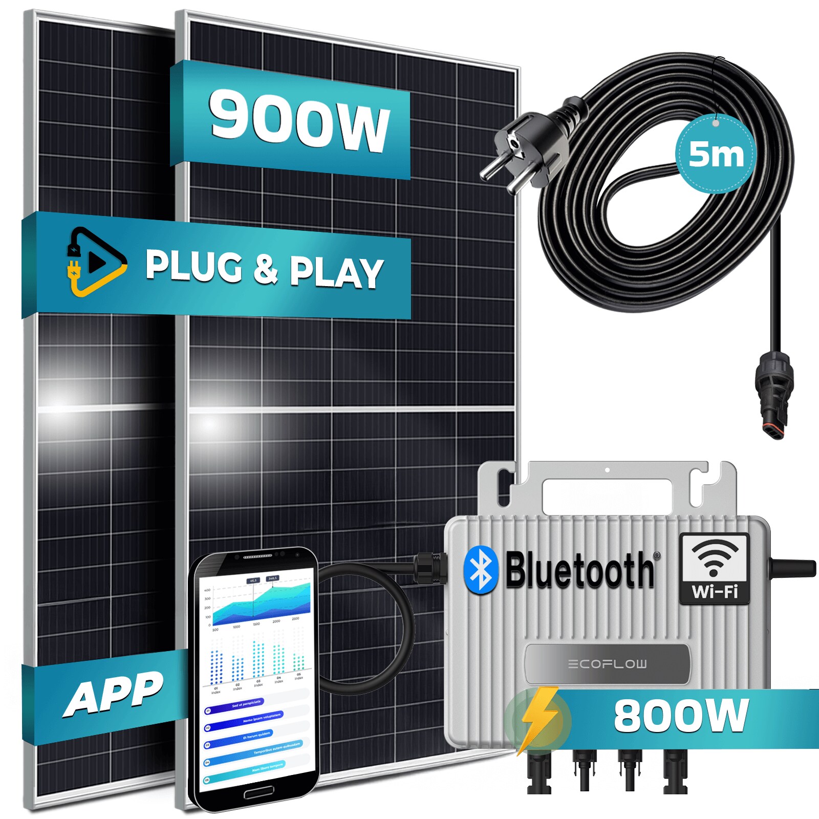 SUNNIVA&reg; 900W Balkonkraftwerk 800W komplett Steckdose - Ecoflow Stream 800W Wechselrichter - PV Solaranlage Komplettset - 2x 450W (900W) Solarmodule - inkl. 5m Kabel - Bluetooth, WIFI - Bild 1