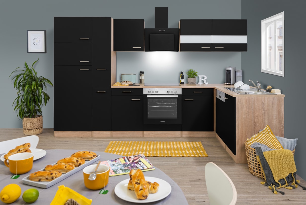 Respekta K&uuml;chenprogramm Eiche S&auml;gerau Winkelk&uuml;che - versch. Ausf&uuml;hrungen- 310 x 172 cm -schwarz - Bild 1