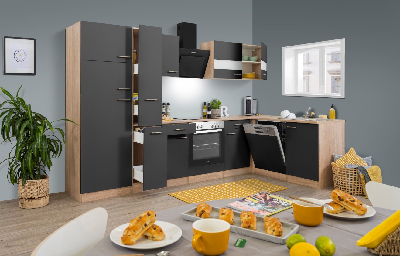 Respekta Küchenprogramm Eiche Sägerau Winkelküche – versch. Ausführungen- 310 x 172 cm -grau | 04260458240113