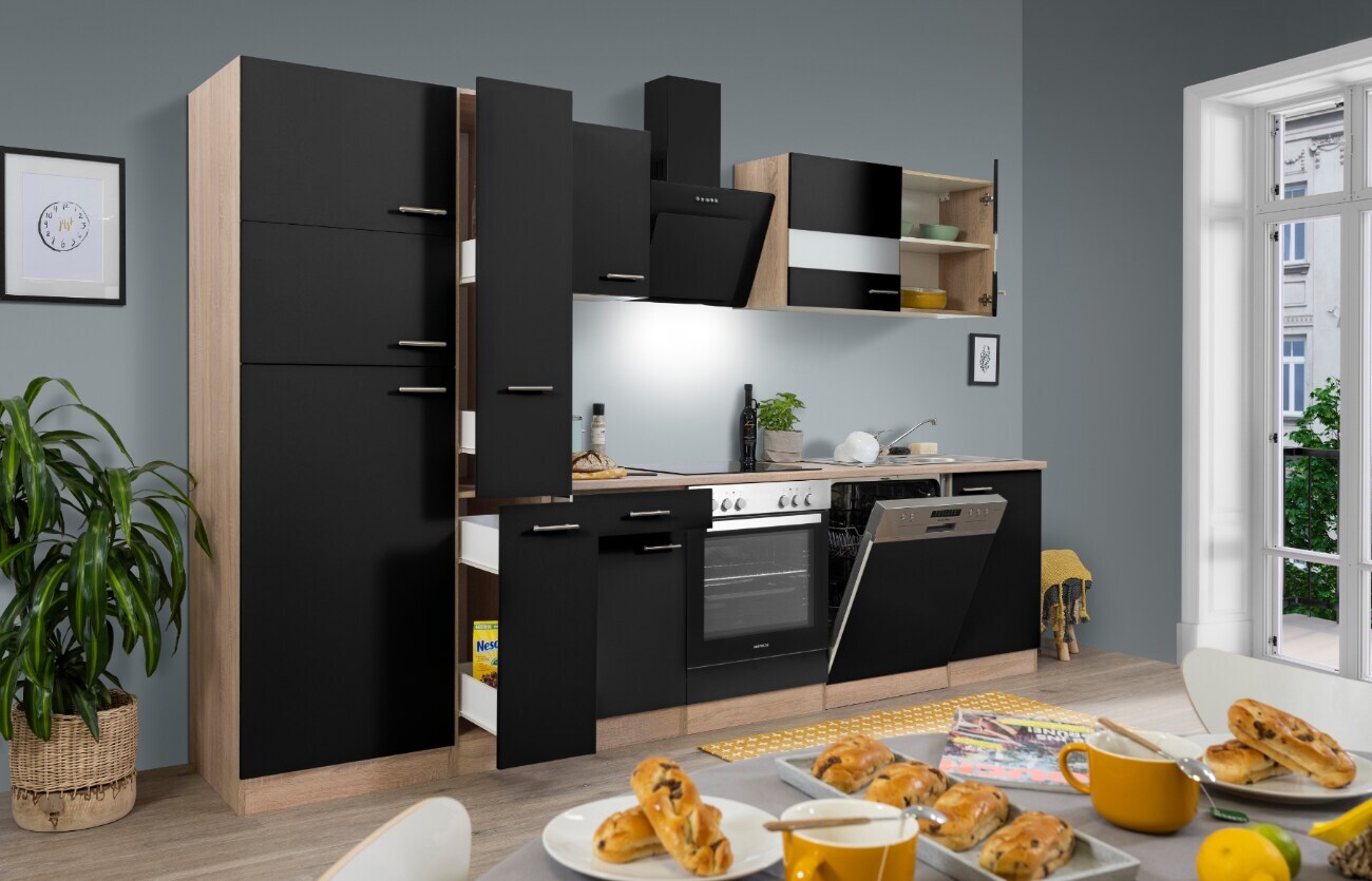 Respekta Küchenprogramm Eiche Sägerau Küchenzeile ca. 310cm- versch. Ausführungen -schwarz | 04260407699351
