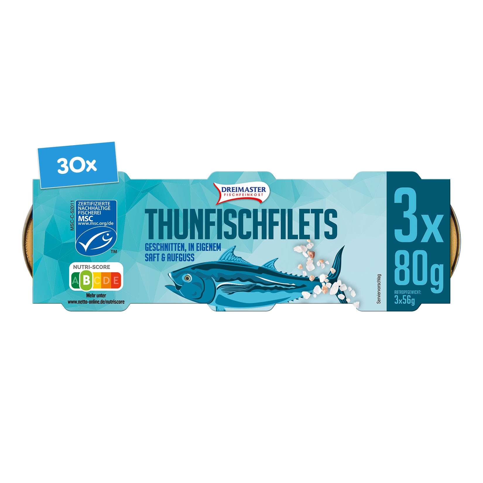 Dreimaster Thunfischfilet in eigenem Saft 3 x 56 g Abtropfgewicht, 30er Pack - Bild 1