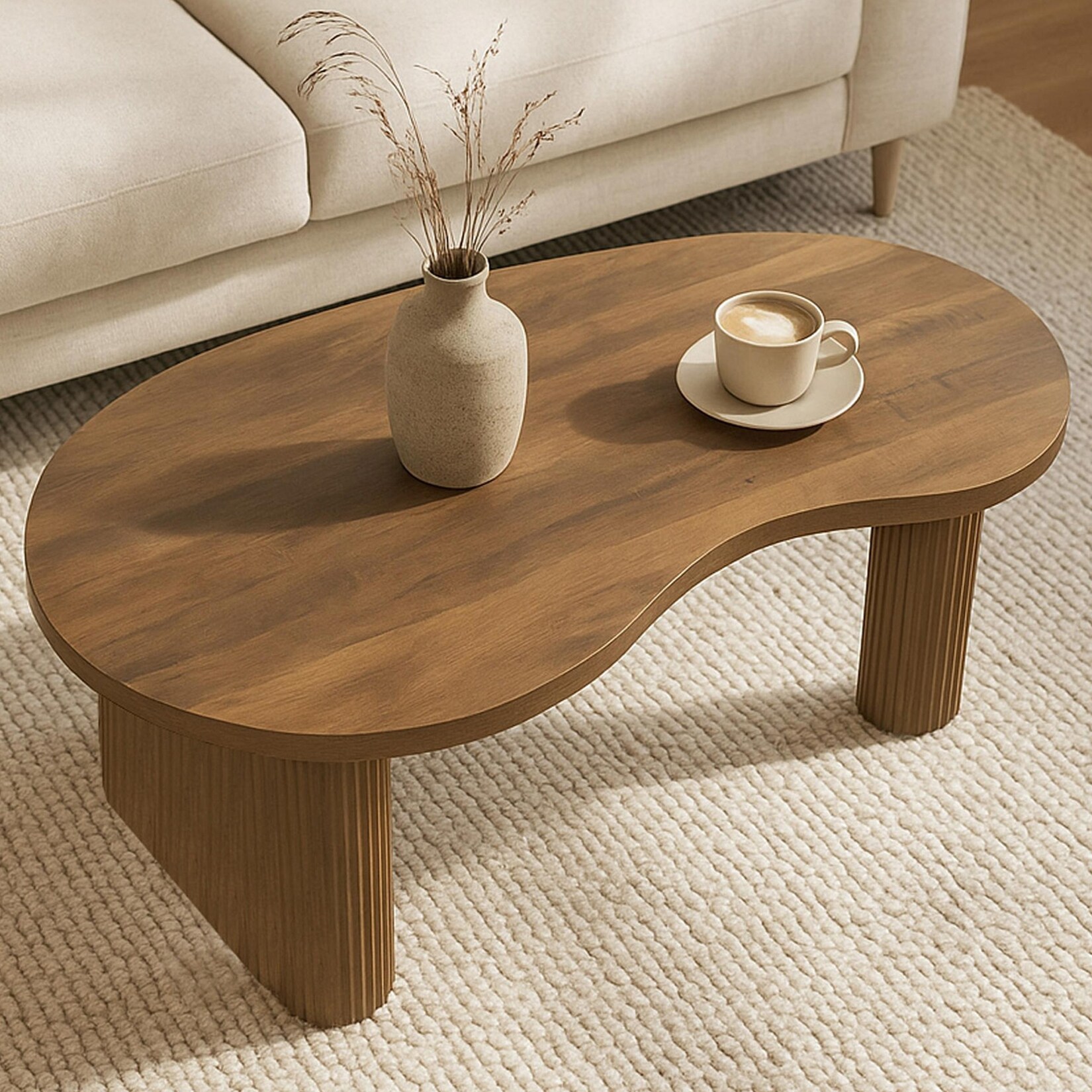 Couchtisch MCW-O29, Beistelltisch Sofatisch, organische Form Melamin Holz, 45x110x60cm ~ Holzoptik braun