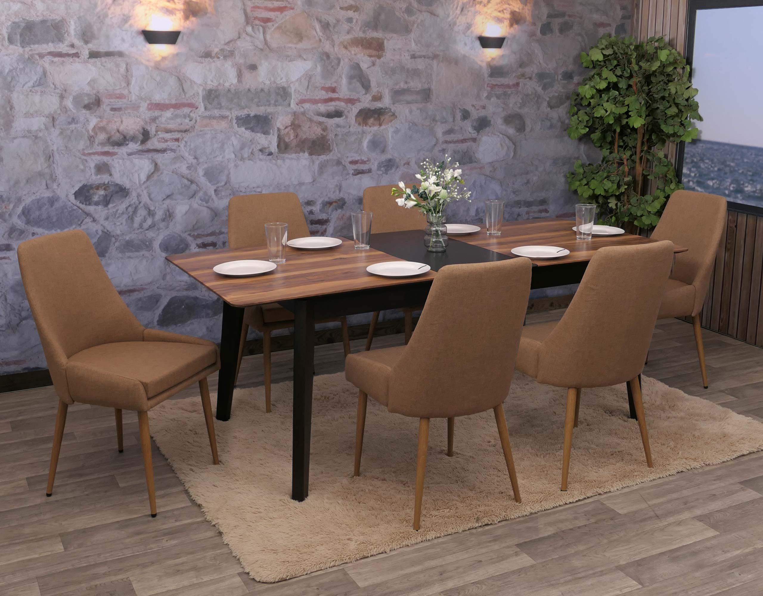 6er-set Esszimmerstuhl MCW-O27, K&uuml;chenstuhl Polsterstuhl Stuhl, Stoff/Textil (280g/m&sup2;) Metall ~ braun - Bild 1