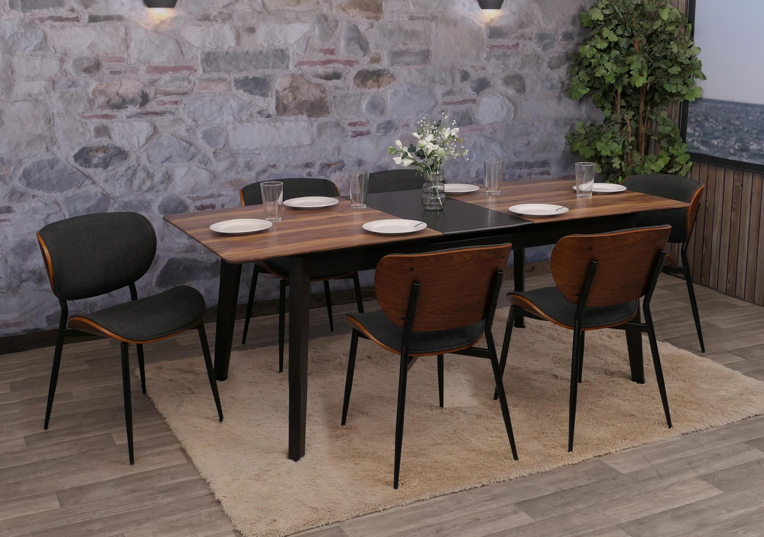 6er-Set Esszimmerstuhl MCW-O45, Bugholz Stoff (370g/m&sup2;) &Ouml;ko-Tex MVG-zertifiziert ~ Walnuss-Optik, dunkelgrau - Bild 1