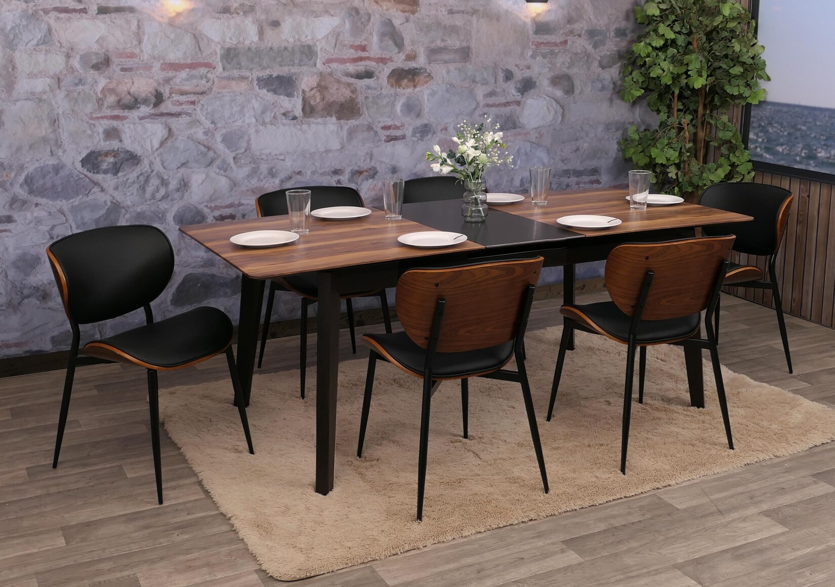 6er-Set Esszimmerstuhl MCW-O45, Stuhl, Bugholz Kunstleder 280g/m² Öko-Tex MVG ~ Walnuss-Optik, schwarz