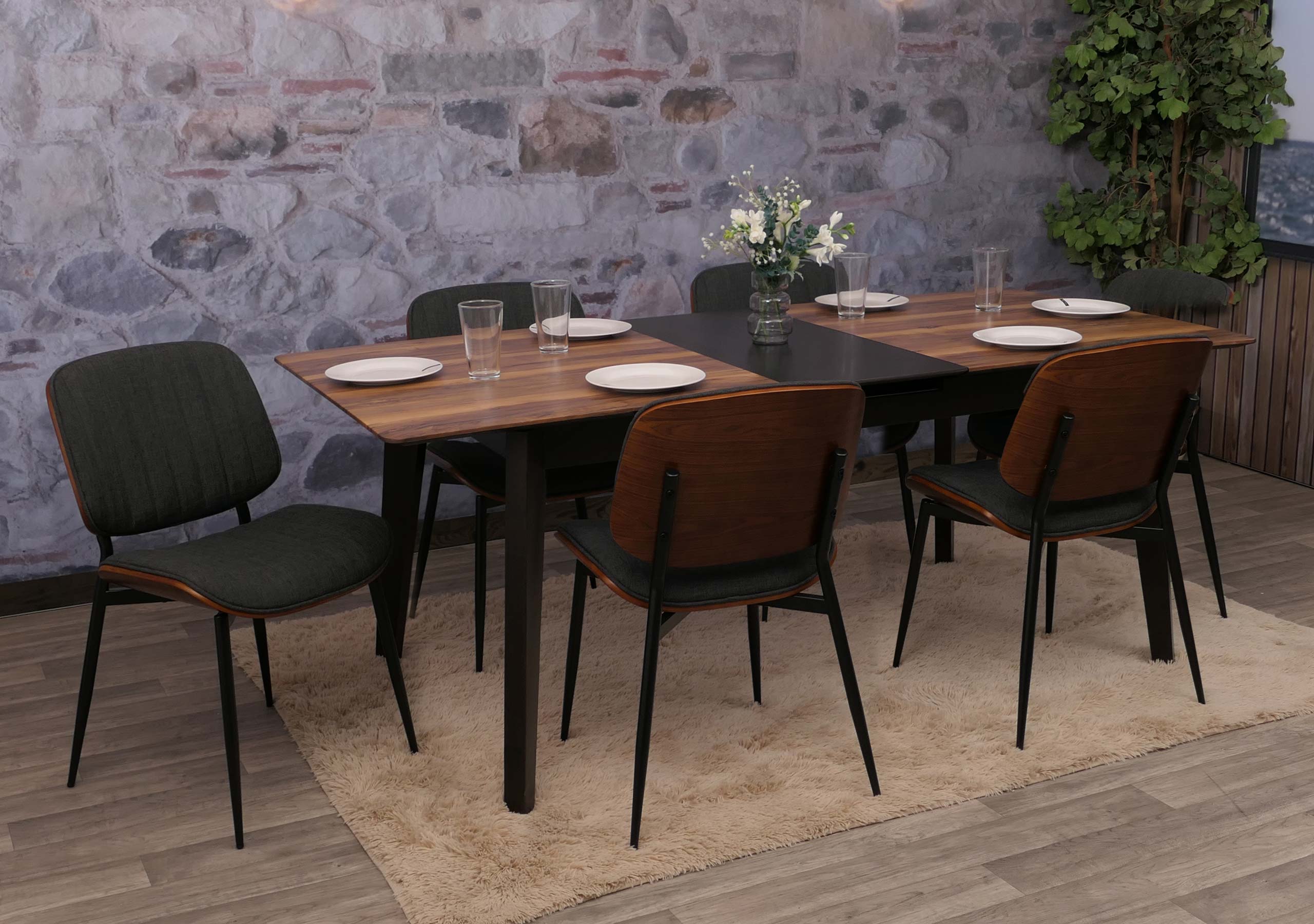 6er-Set Esszimmerstuhl MCW-O44, K&uuml;chenstuhl Stuhl, Bugholz Stoff (370g/m&sup2;) &Ouml;ko-Tex MVG ~ Walnuss-Optik, dunkelgrau - Bild 1