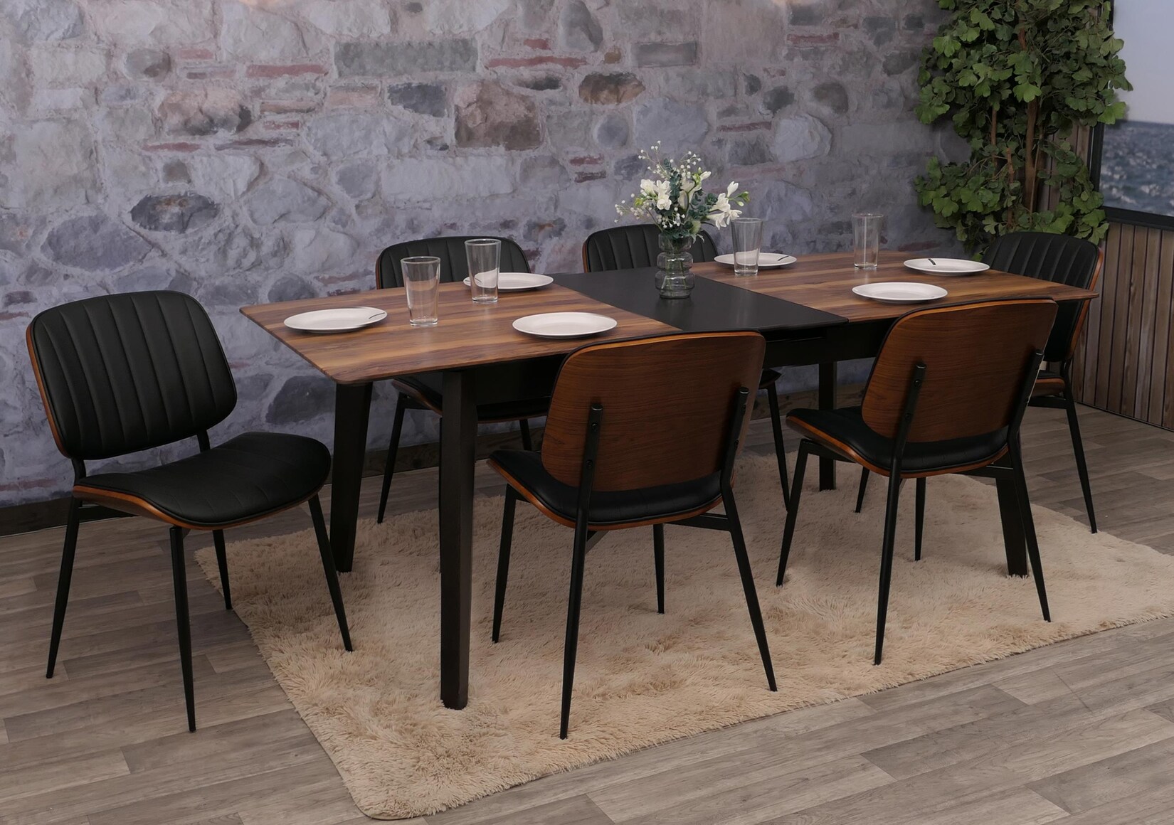 6er-Set Esszimmerstuhl MCW-O44, Küchenstuhl Stuhl, Bugholz Kunstleder Öko-Tex MVG ~ Walnuss-Optik, schwarz