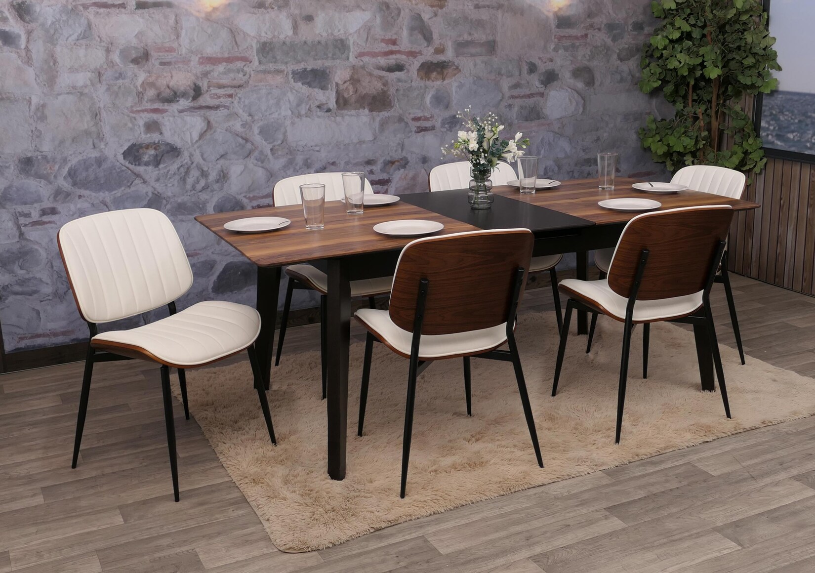 6er-Set Esszimmerstuhl MCW-O44, Küchenstuhl Stuhl, Bugholz Kunstleder Öko-Tex MVG ~ Walnuss-Optik, weiß
