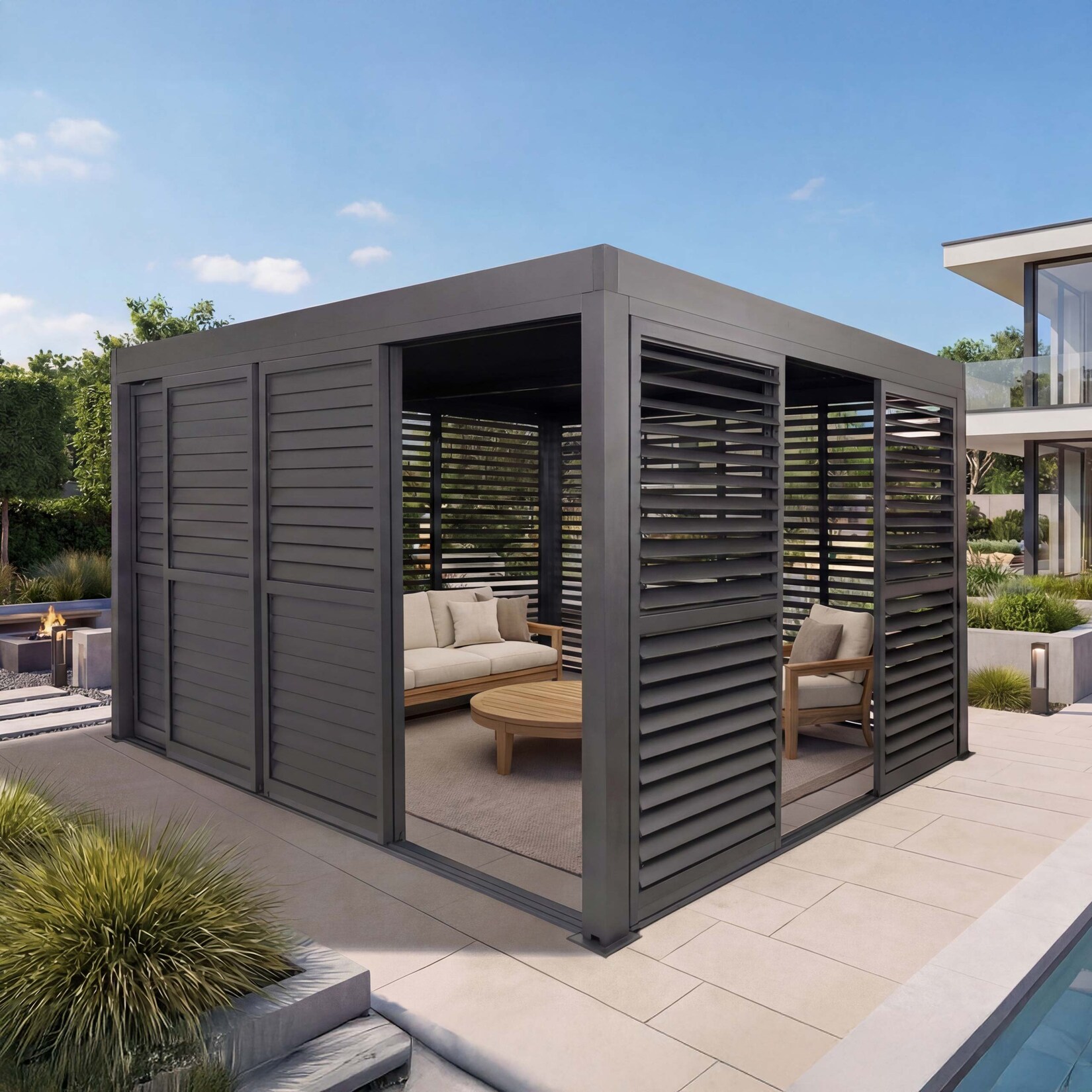 Alu Pergola MCW-L46, Pavillon Terrassenüberdachung, 7x Lamellenpaneel 7x Schiebetüren, 11cm-Gestell, 3x4m ~ anthrazit