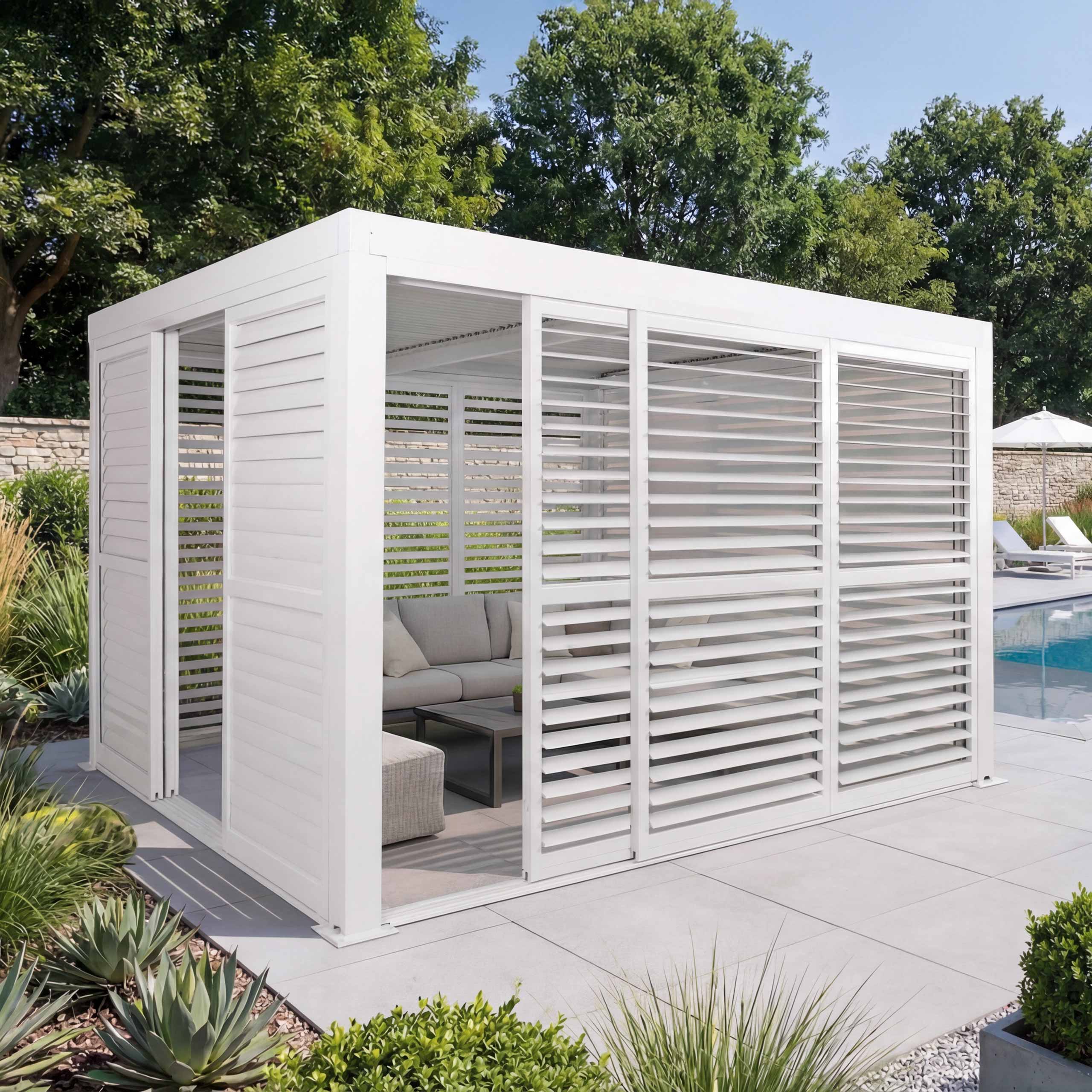 Alu Pergola MCW-L46, Pavillon Terrassen&uuml;berdachung, 6x Lamellenpaneel 6x Schiebet&uuml;ren, 11cm-Gestell, 3x3m ~ wei&szlig; - Bild 1