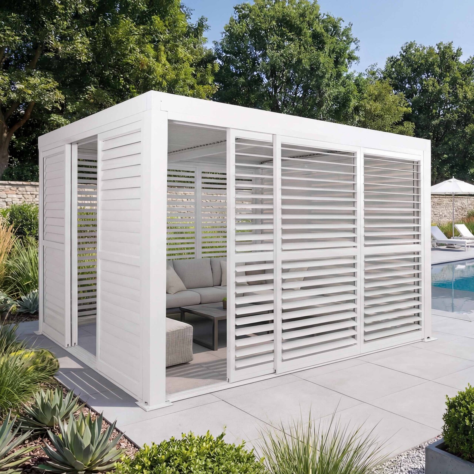 Alu Pergola MCW-L46, Pavillon Terrassenüberdachung, 6x Lamellenpaneel 6x Schiebetüren, 11cm-Gestell, 3x3m ~ weiß