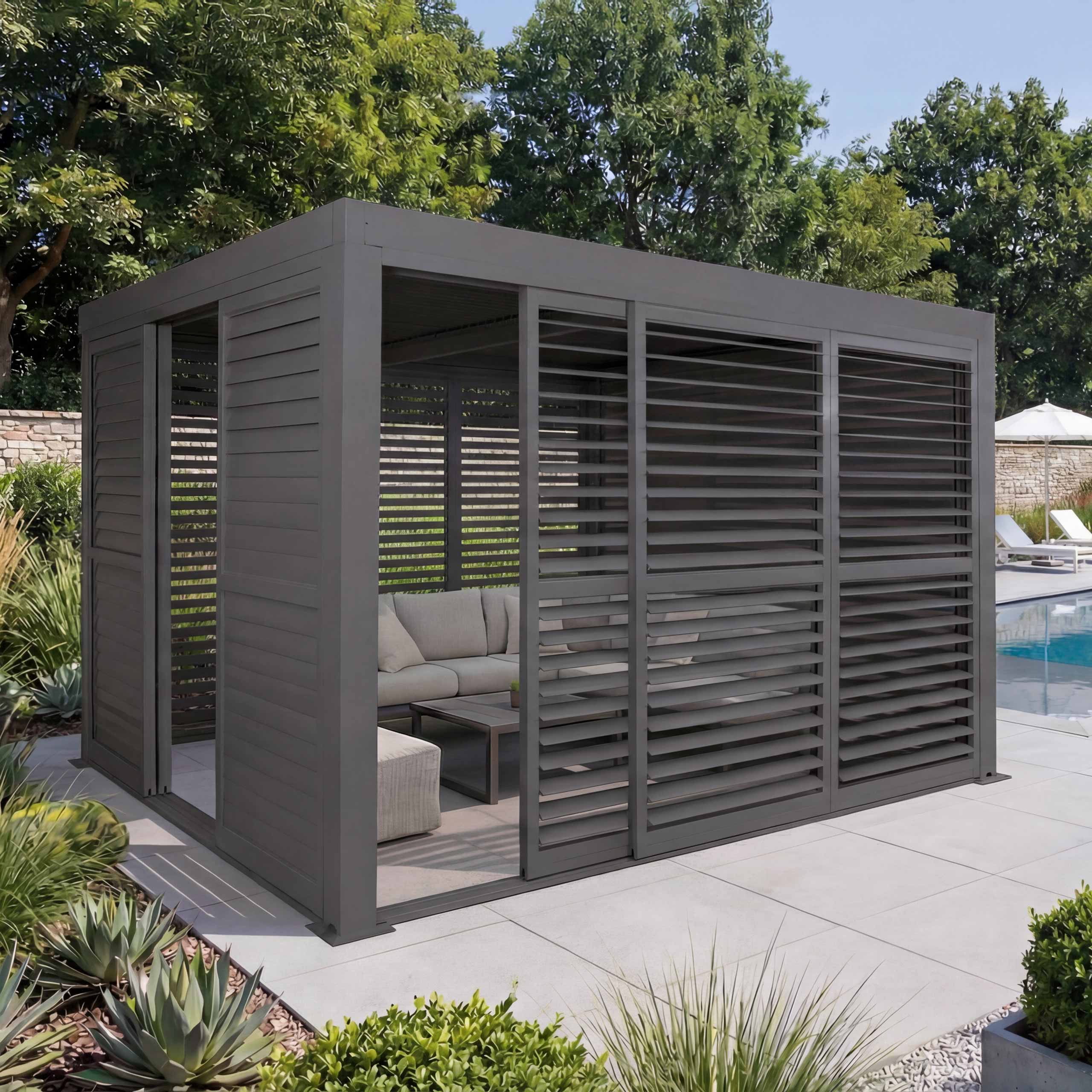 Alu Pergola MCW-L46, Pavillon Terrassen&uuml;berdachung, 6x Lamellenpaneel 6x Schiebet&uuml;ren, 11cm-Gestell, 3x3m ~ anthrazit - Bild 1