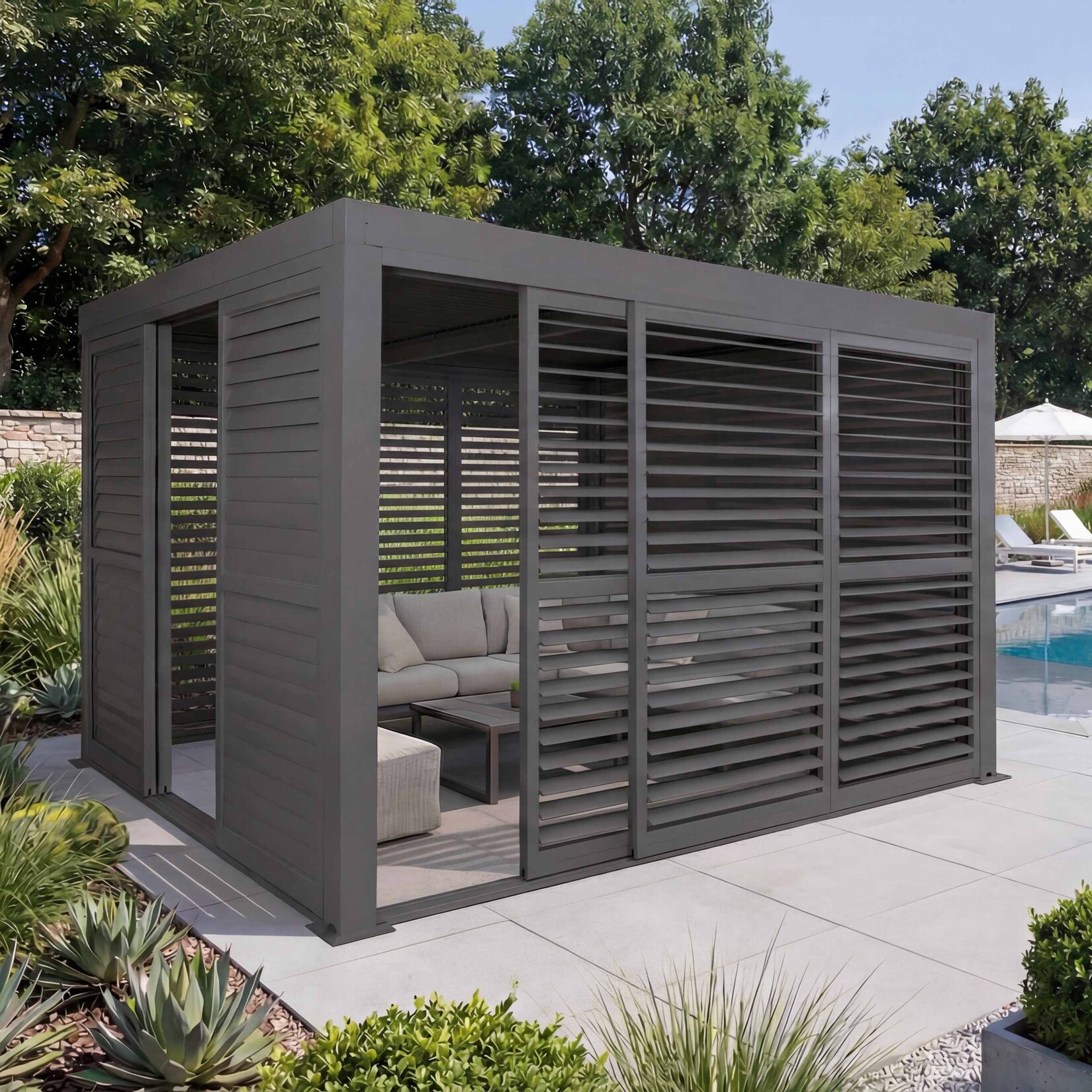Alu Pergola MCW-L46, Pavillon Terrassenüberdachung, 6x Lamellenpaneel 6x Schiebetüren, 11cm-Gestell, 3x3m ~ anthrazit