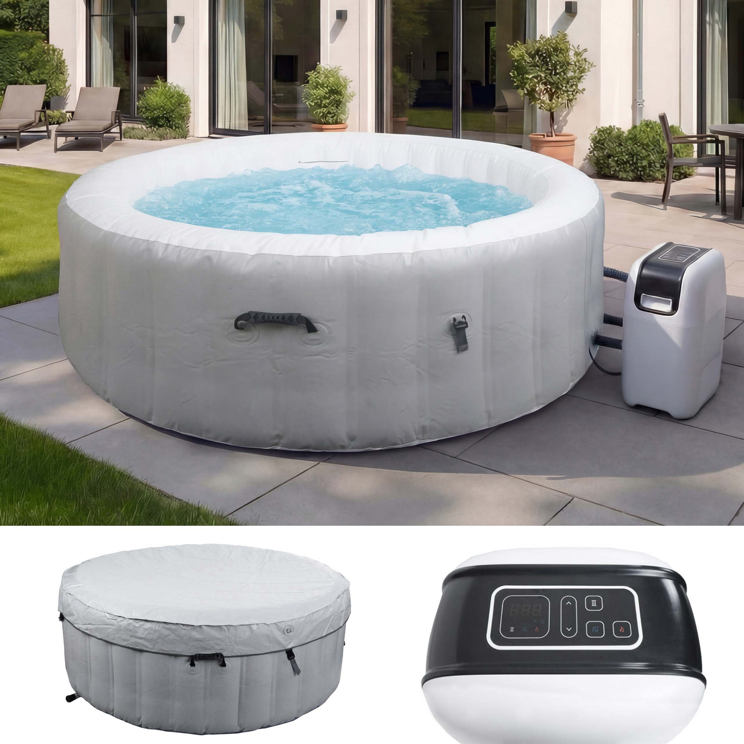 Whirlpool MCW-N97, 4 Personen, In-/Outdoor heizbar aufblasbar Pumpe PVC laminiert, rund &Oslash; 180cm ~ grau-wei&szlig; - Bild 1