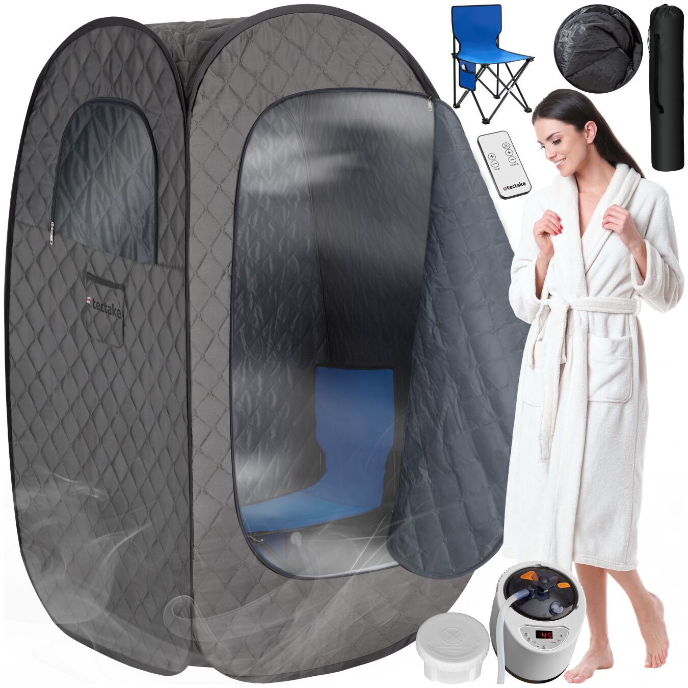 tectake&reg; Mobile Dampfsauna, 2 l Dampfgenerator mit 1000 W, faltbar, 2 Aufbewahrungsf&auml;cher, inkl. Fernbedienung, Matte, Klappstuhl und Tragetaschen - Bild 1