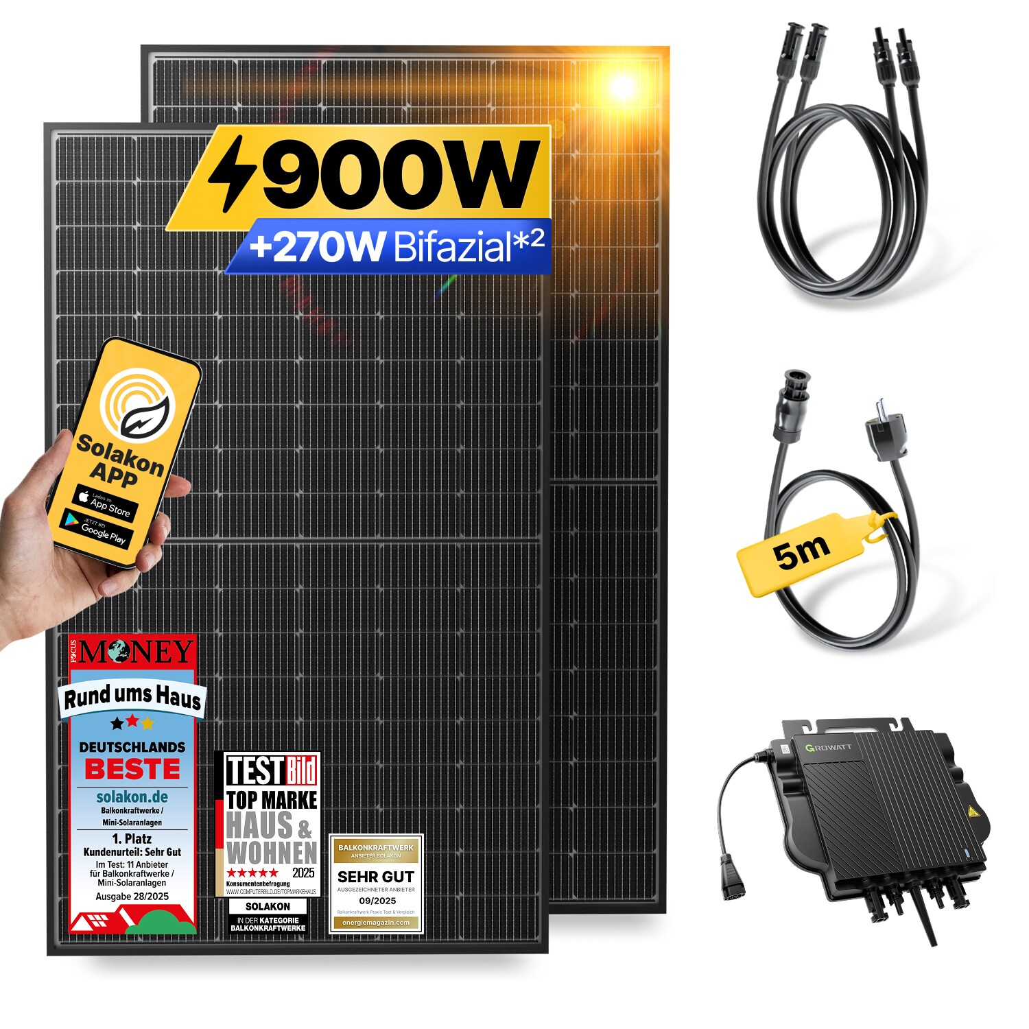 Balkonkraftwerk 900W/800W Solaranlage Steckerfertig WIFI Komplettset Photovoltaik Anlage 800W, Kabellänge: 5m | 04262399771626