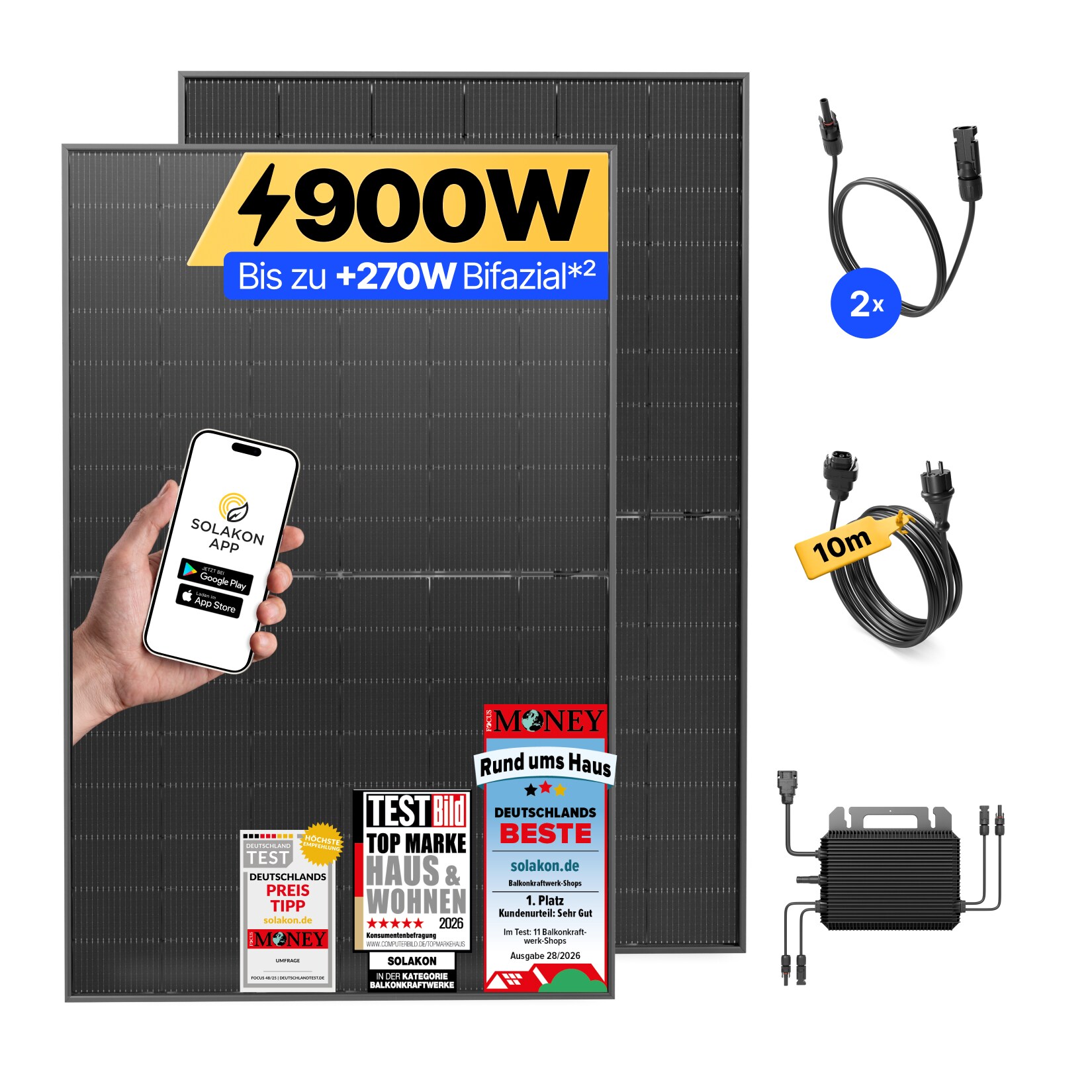 Balkonkraftwerk 900W/800W Solaranlage Steckerfertig WIFI Komplettset Photovoltaik Anlage 800W, Kabellänge: 10m
