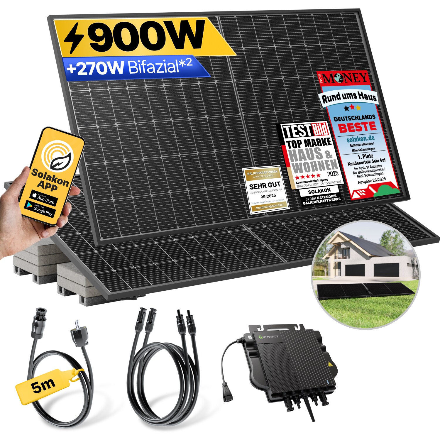 Balkonkraftwerk 900W/800W Solaranlage mit Garten Halterung Steckerfertig WIFI Komplettset Photovoltaik Anlage 800W, Kabellänge: 5m | 04262399771640