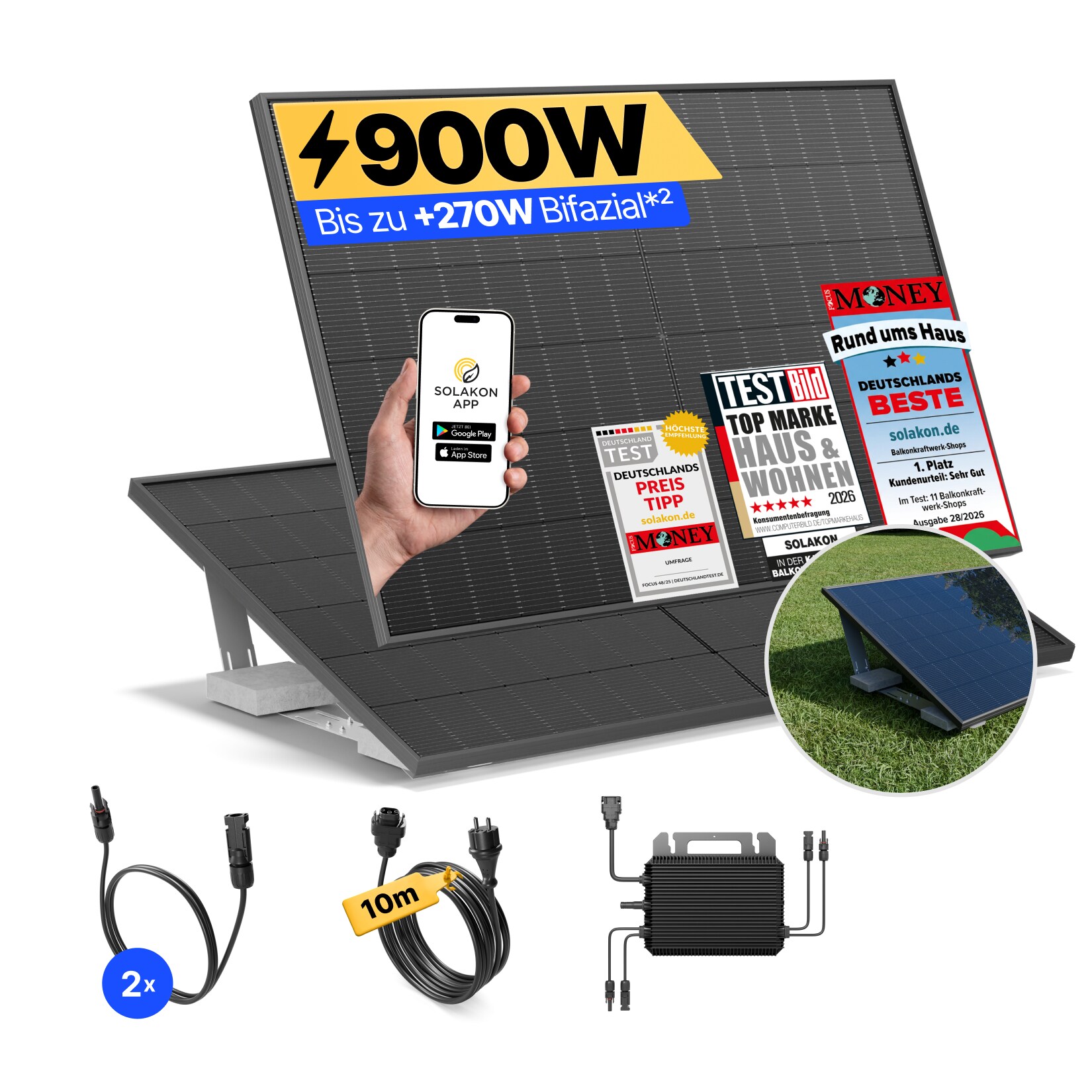 Balkonkraftwerk 900W/800W Solaranlage mit Garten Halterung Steckerfertig WIFI Komplettset Photovoltaik Anlage 800W, Kabellänge: 10m