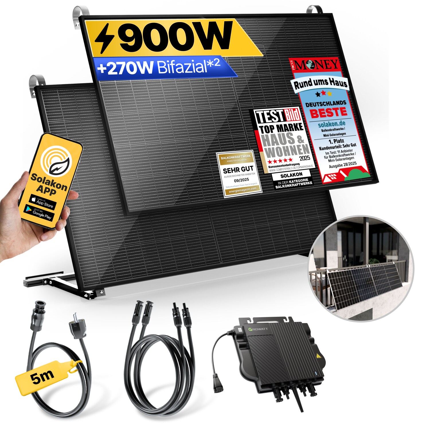 Balkonkraftwerk 900W/800W Solaranlage mit Balkon Halterung Steckerfertig WIFI Komplettset Photovoltaik Anlage 800W, Kabellänge: 5m | 04262399771657