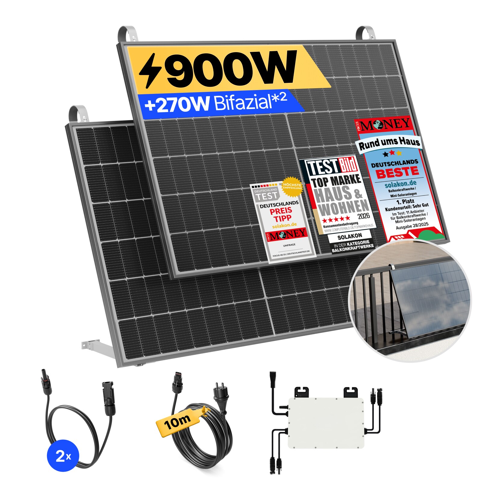 Balkonkraftwerk 900W/800W Solaranlage mit Balkon Halterung Steckerfertig WIFI Komplettset Photovoltaik Anlage 800W, Kabell&auml;nge: 10m - Bild 1