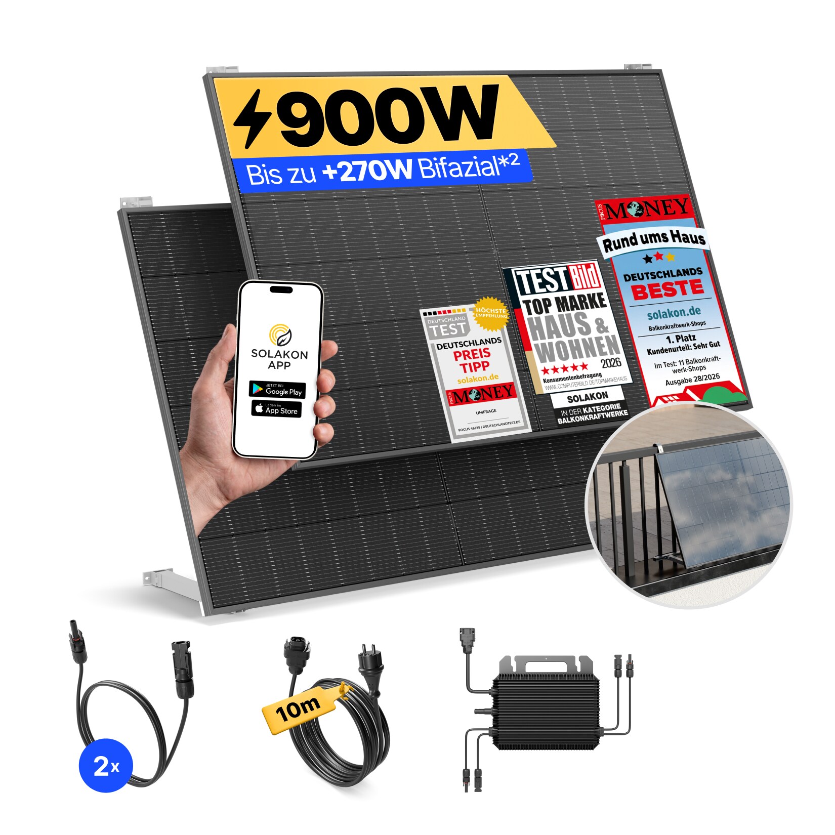 Balkonkraftwerk 900W/800W Solaranlage mit Balkon Halterung Steckerfertig WIFI Komplettset Photovoltaik Anlage 800W, Kabellänge: 10m