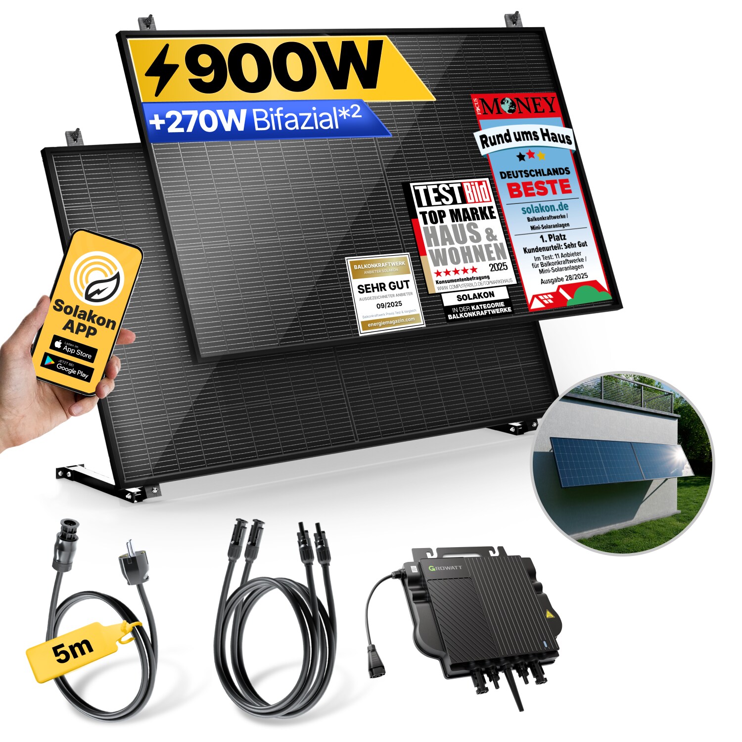 Balkonkraftwerk 900W/800W Solaranlage mit Wand/Gartenhaus Halterung Steckerfertig WIFI Komplettset Photovoltaik Anlage 800W, Kabellänge: 5m | 04262399771893