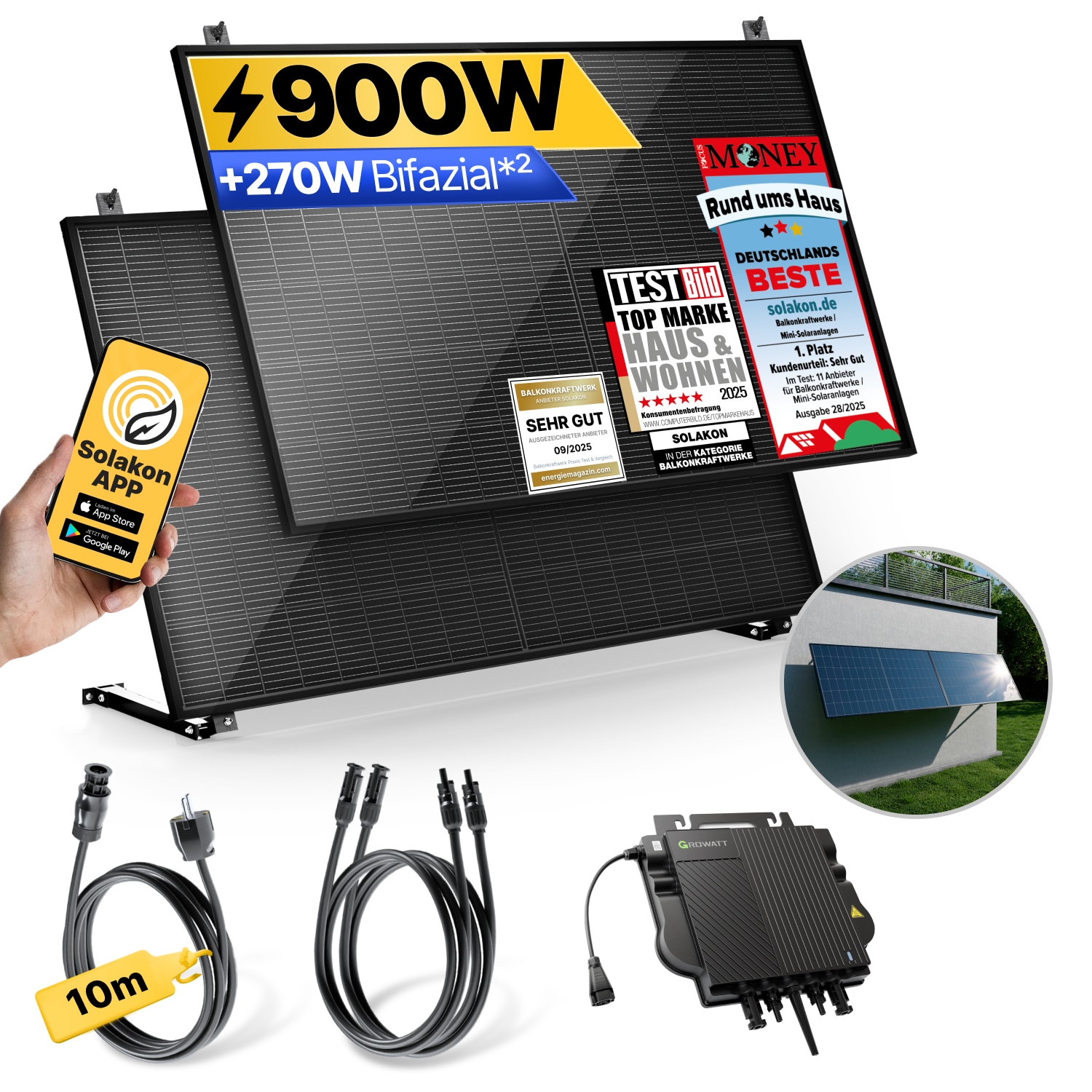 Balkonkraftwerk 900W/800W Solaranlage mit Wand/Gartenhaus Halterung Steckerfertig WIFI Komplettset Photovoltaik Anlage 800W, Kabell&auml;nge: 10m - Bild 1