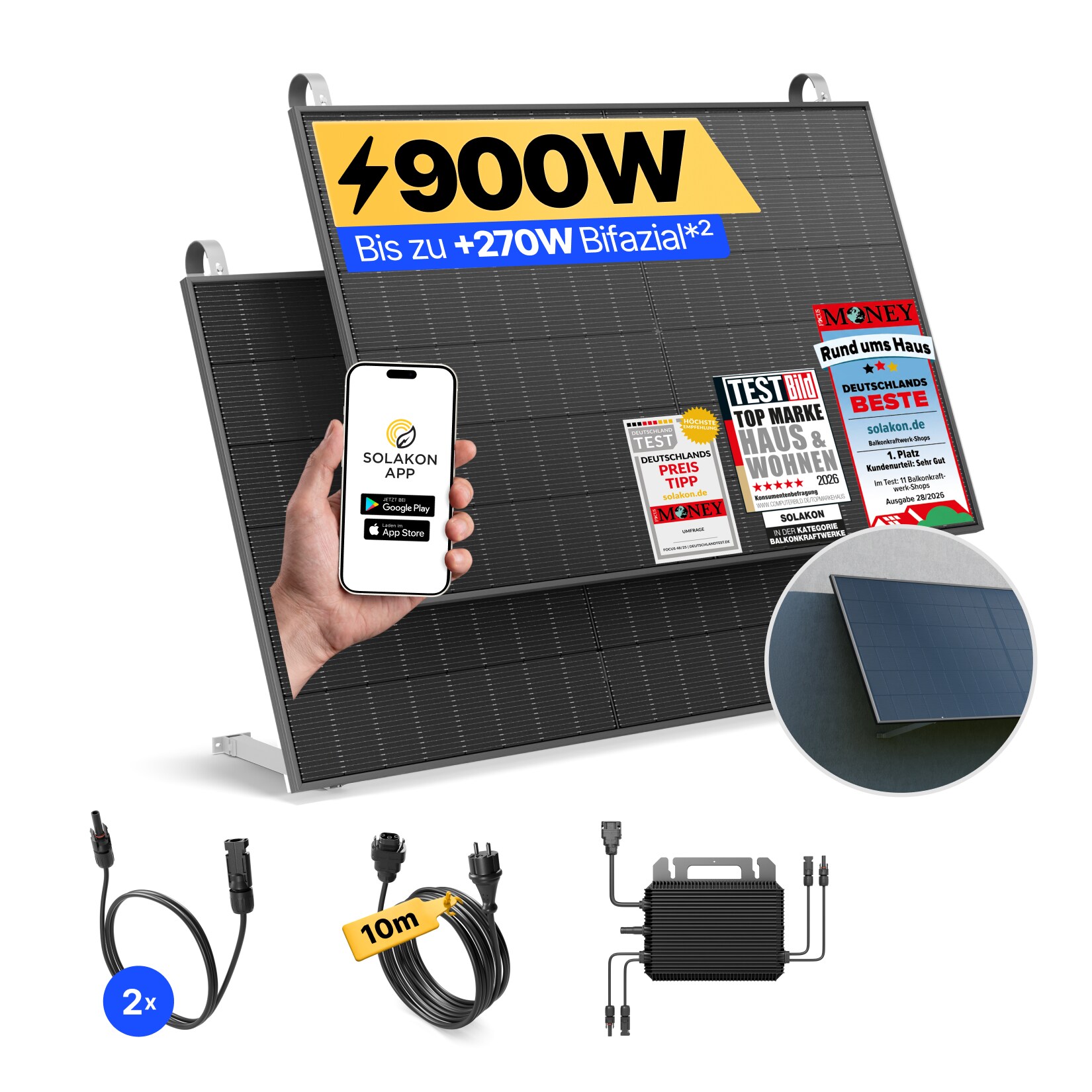 Balkonkraftwerk 900W/800W Solaranlage mit Wand/Gartenhaus Halterung Steckerfertig WIFI Komplettset Photovoltaik Anlage 800W, Kabellänge: 10m