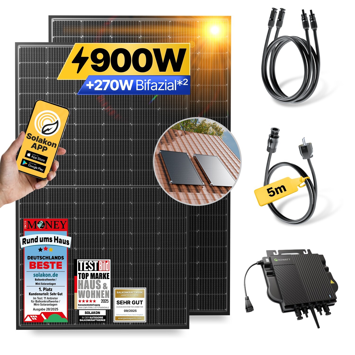 Balkonkraftwerk 900W/800W Solaranlage mit Dach Halterung (Einzelmontage) Halterung Steckerfertig WIFI Komplettset Photovoltaik Anlage 800W, Kabellänge: 5m | 04262399771916