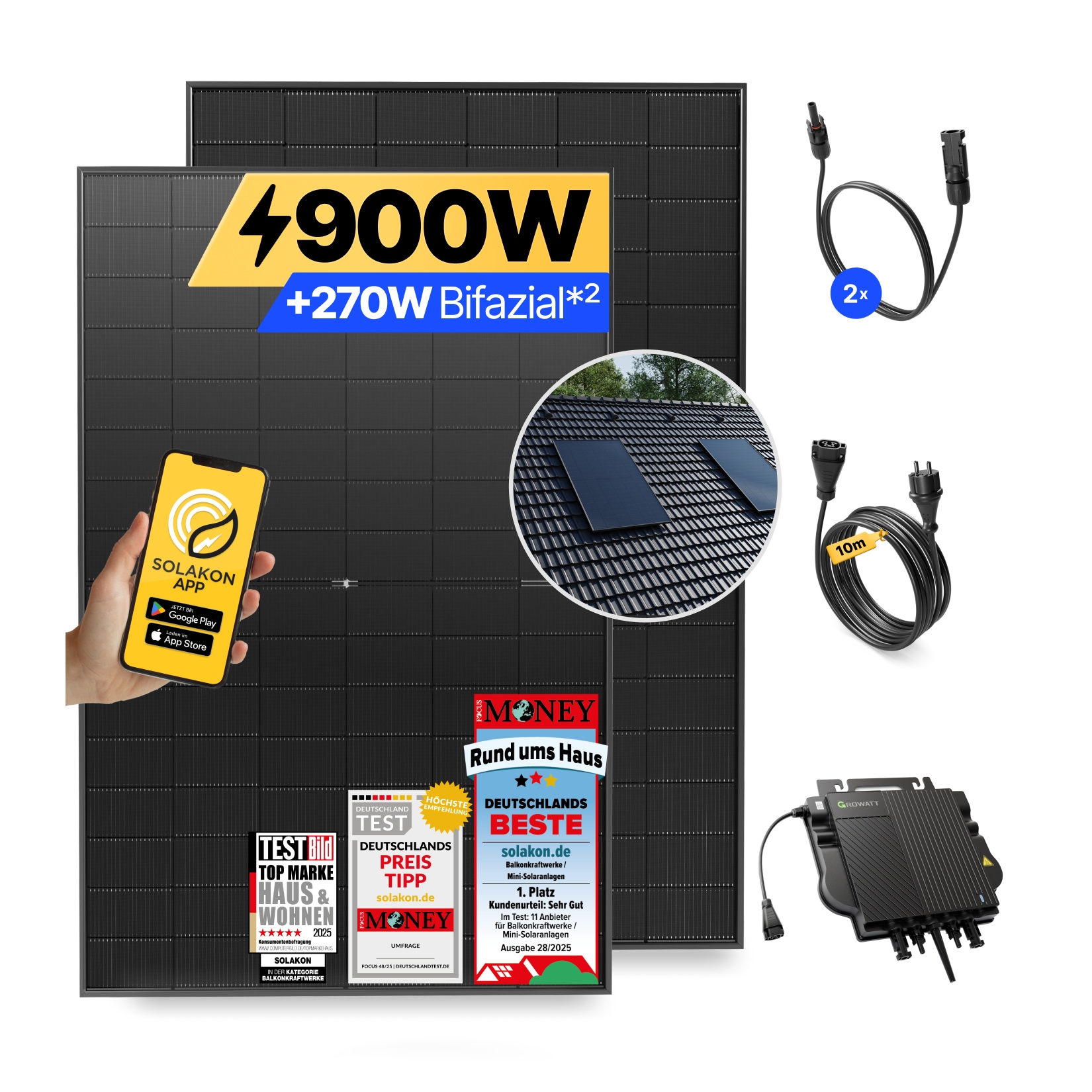 Balkonkraftwerk 900W/800W Solaranlage mit Dach Halterung (Einzelmontage) Halterung Steckerfertig WIFI Komplettset Photovoltaik Anlage 800W, Kabell&auml;nge: 10m - Bild 1