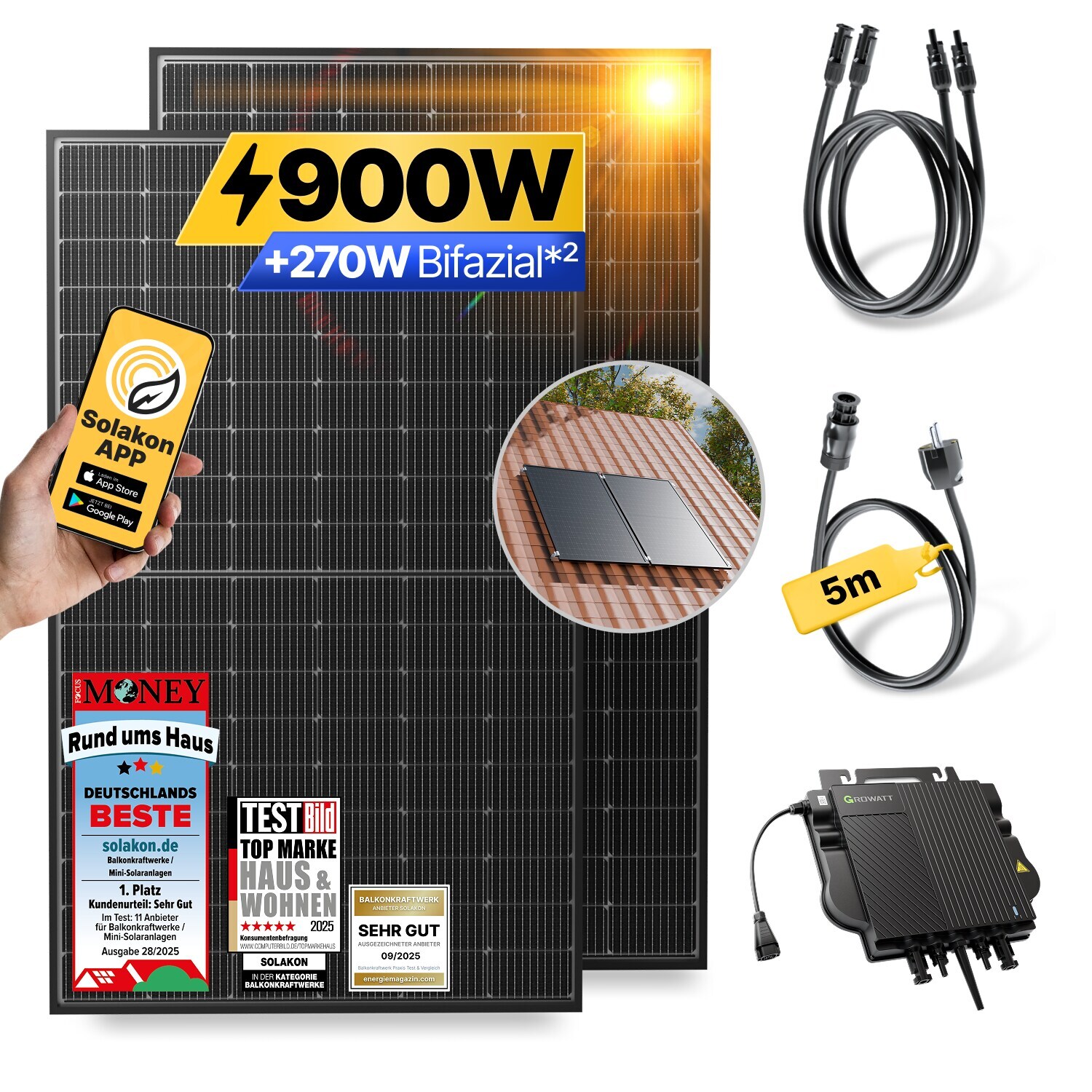 Balkonkraftwerk 900W/800W Solaranlage mit Dach Halterung (Paarmontage) Halterung Steckerfertig WIFI Komplettset Photovoltaik Anlage 800W, Kabellänge: 5m | 04262399771930