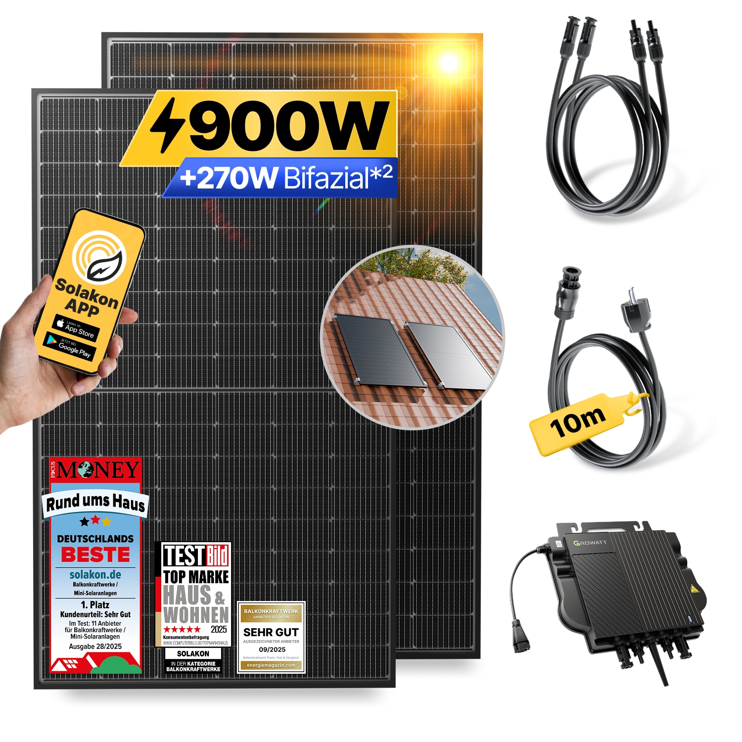 Balkonkraftwerk 900W/800W Solaranlage mit Dach Halterung (Paarmontage) Halterung Steckerfertig WIFI Komplettset Photovoltaik Anlage 800W, Kabell&auml;nge: 10m - Bild 1