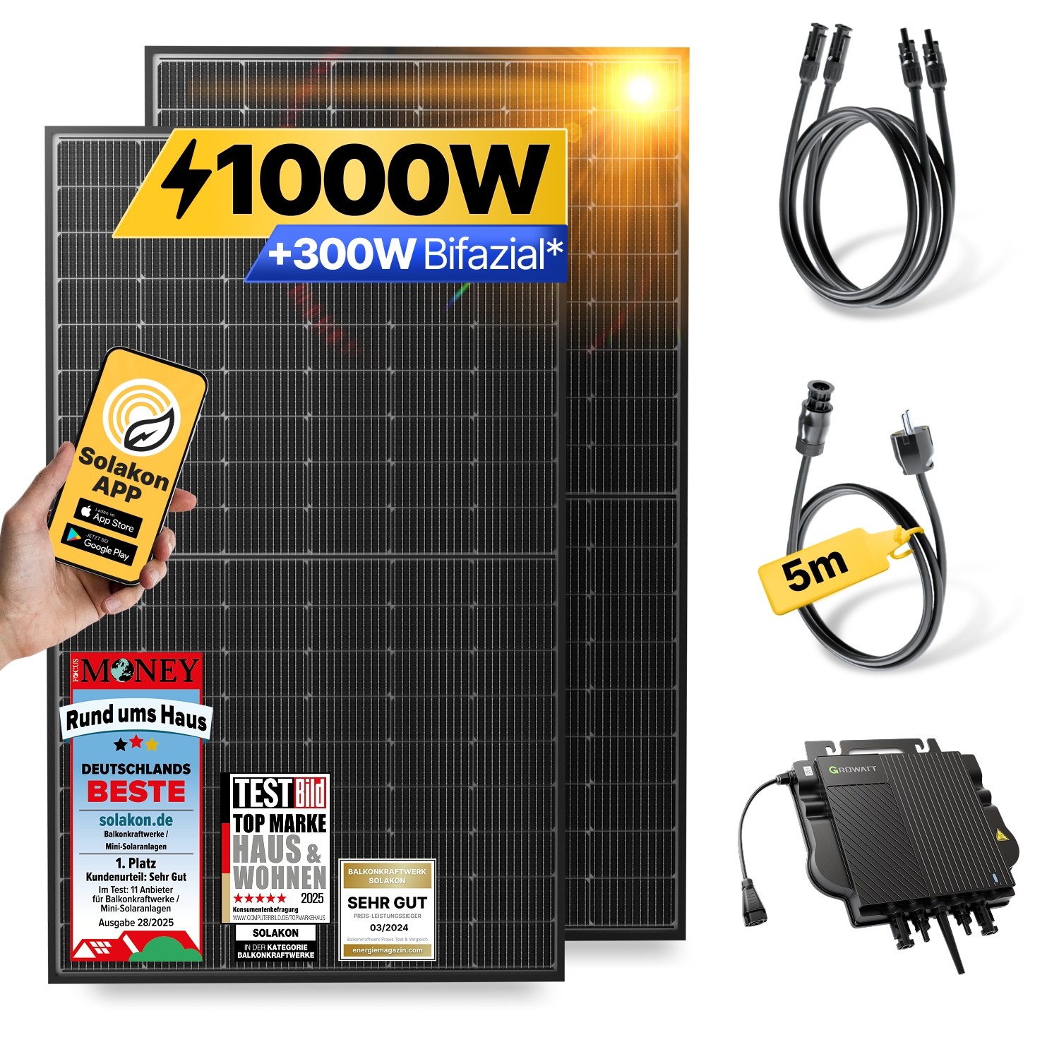 Balkonkraftwerk 1000W/800W Solaranlage Steckerfertig WIFI Komplettset Photovoltaik Anlage 800W, Kabell&auml;nge: 5m - Bild 1