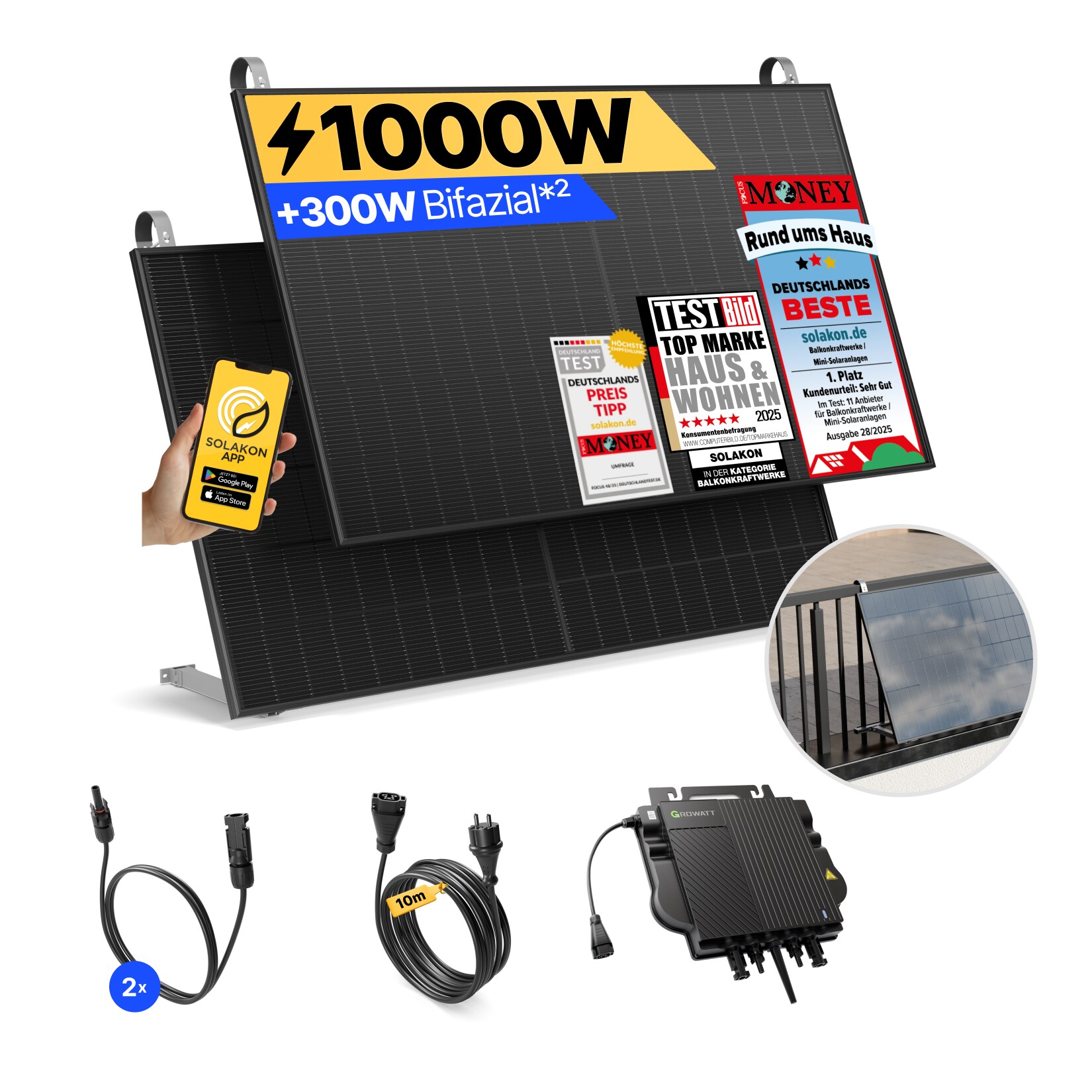 Balkonkraftwerk 1000W/800W Solaranlage mit Balkon Halterung Steckerfertig WIFI Komplettset Photovoltaik Anlage 800W, Kabell&auml;nge: 10m - Bild 1