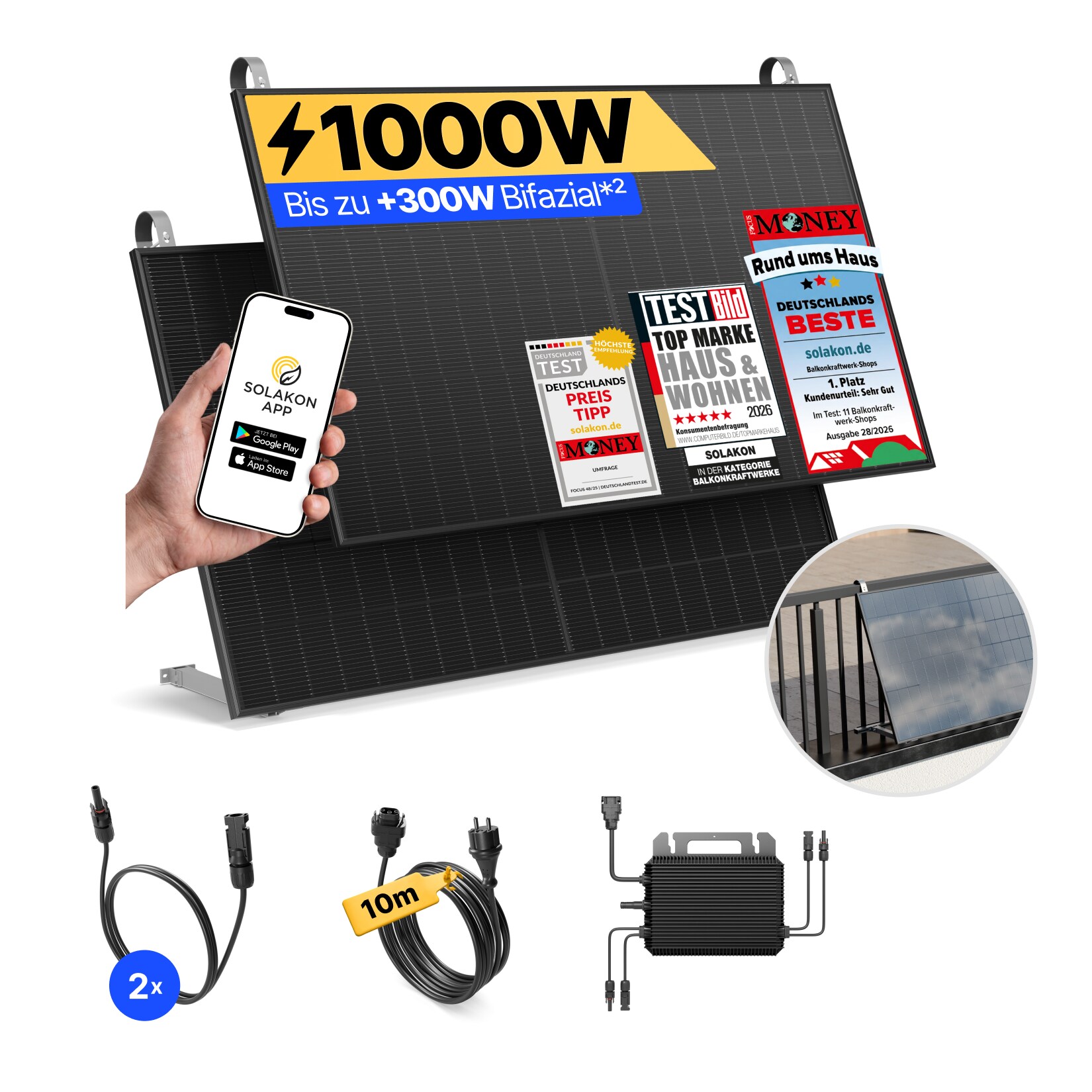 Balkonkraftwerk 1000W/800W Solaranlage mit Balkon Halterung Steckerfertig WIFI Komplettset Photovoltaik Anlage 800W, Kabellänge: 10m