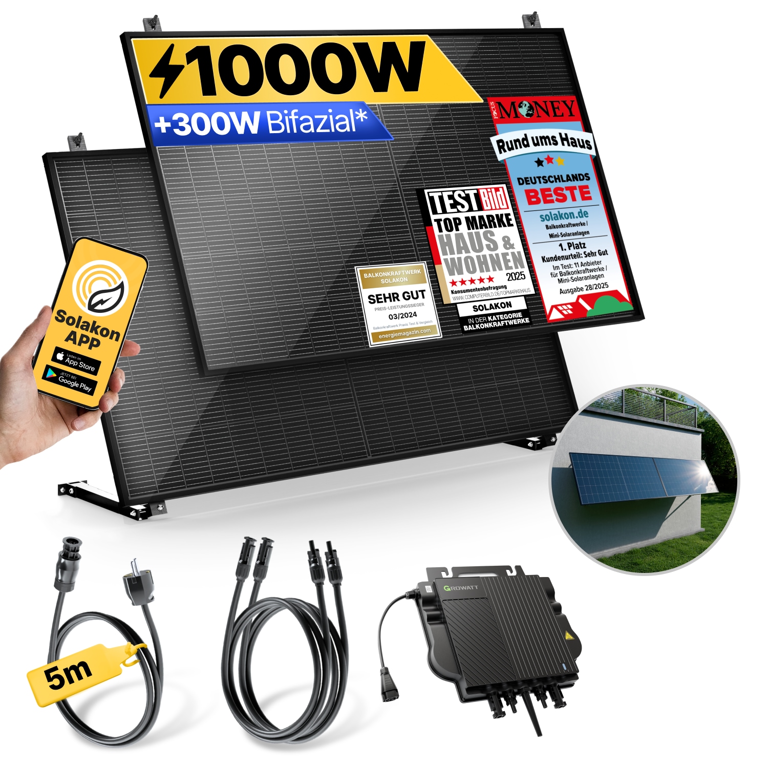 Balkonkraftwerk 1000W/800W Solaranlage mit Wand/Gartenhaus Halterung Steckerfertig WIFI Komplettset Photovoltaik Anlage 800W, Kabell&auml;nge: 5m - Bild 1