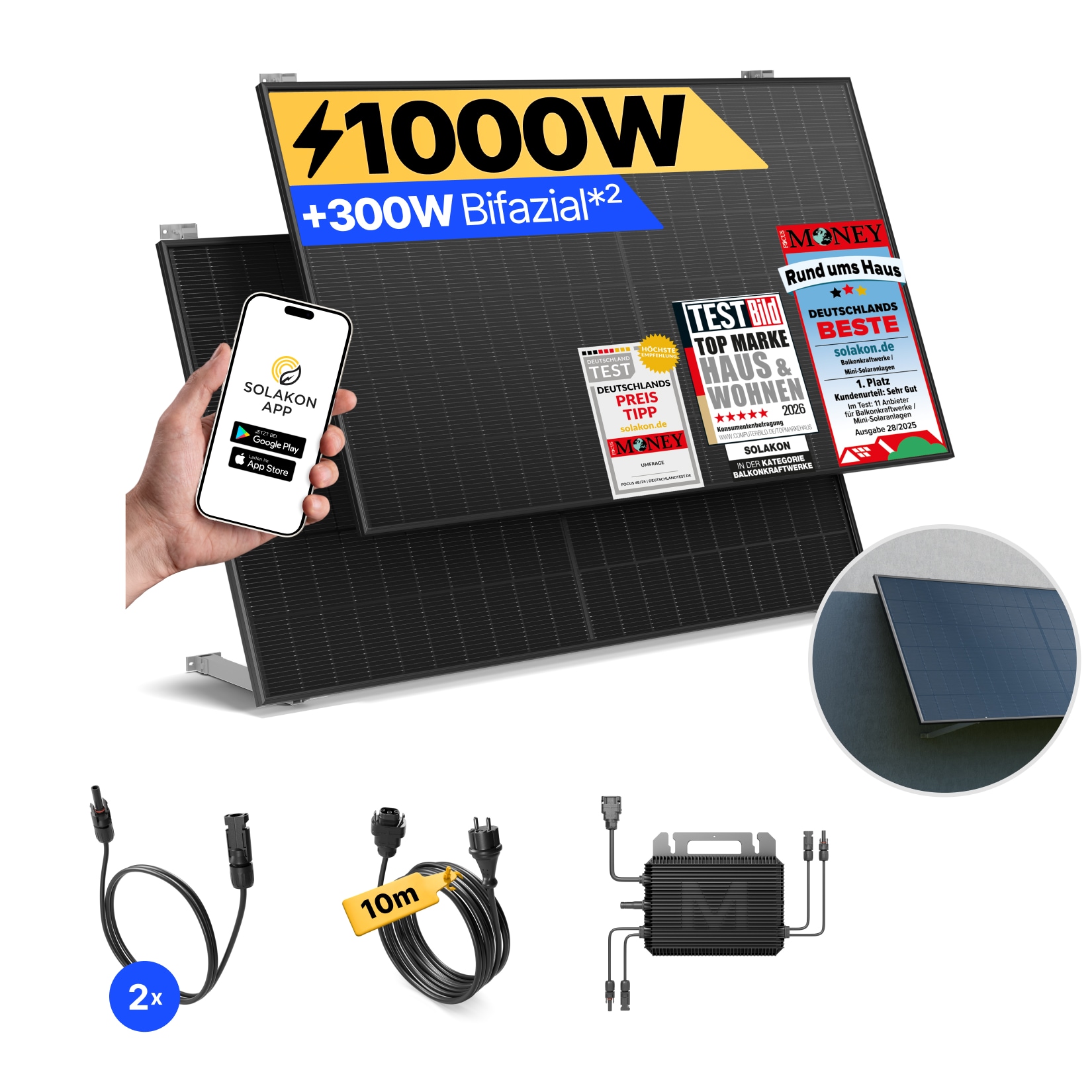 Balkonkraftwerk 1000W/800W Solaranlage mit Wand/Gartenhaus Halterung Steckerfertig WIFI Komplettset Photovoltaik Anlage 800W, Kabell&auml;nge: 10m - Bild 1