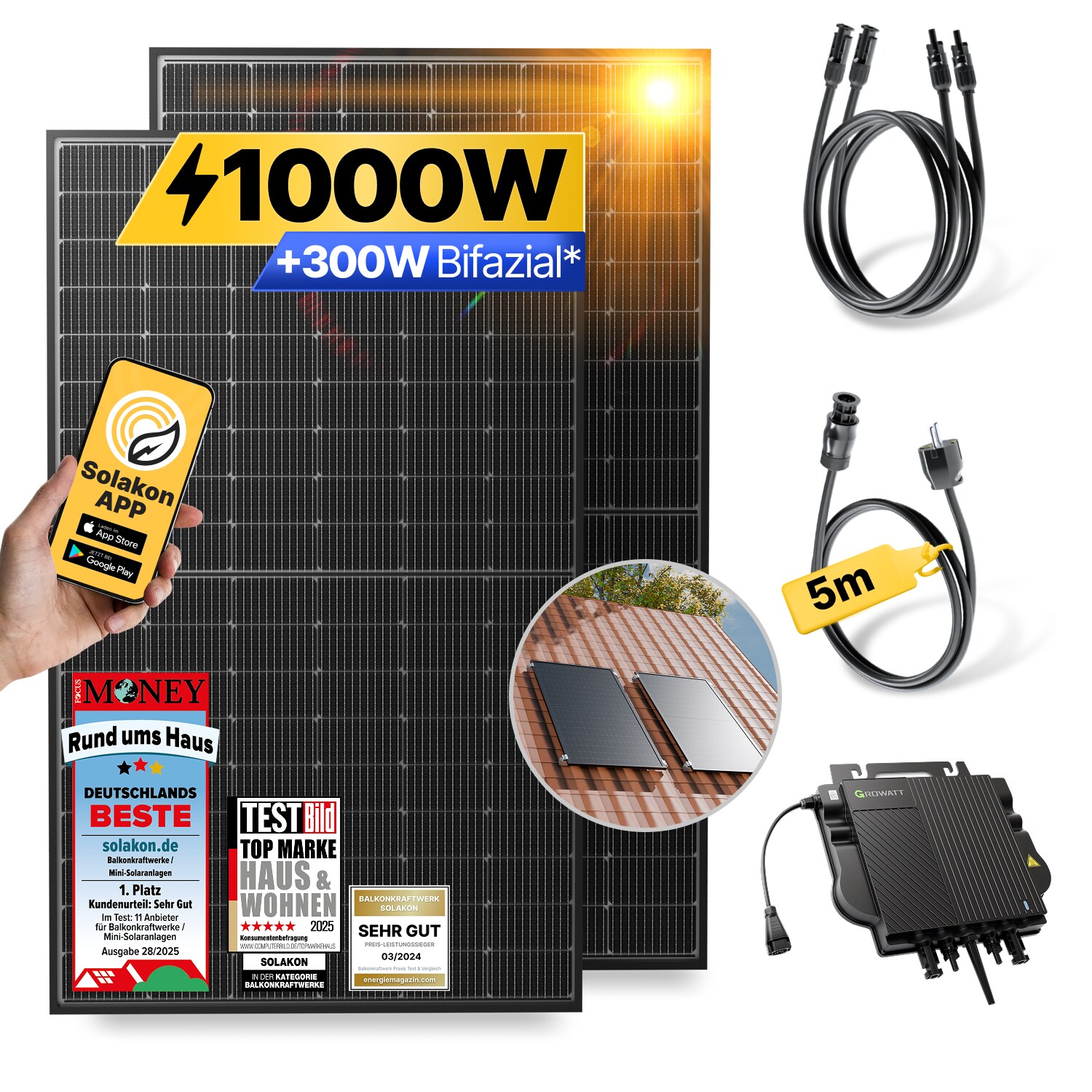 Balkonkraftwerk 1000W/800W Solaranlage mit Dach Halterung (Einzelmontage) Halterung Steckerfertig WIFI Komplettset Photovoltaik Anlage 800W, Kabellänge: 5m | 04262399771992