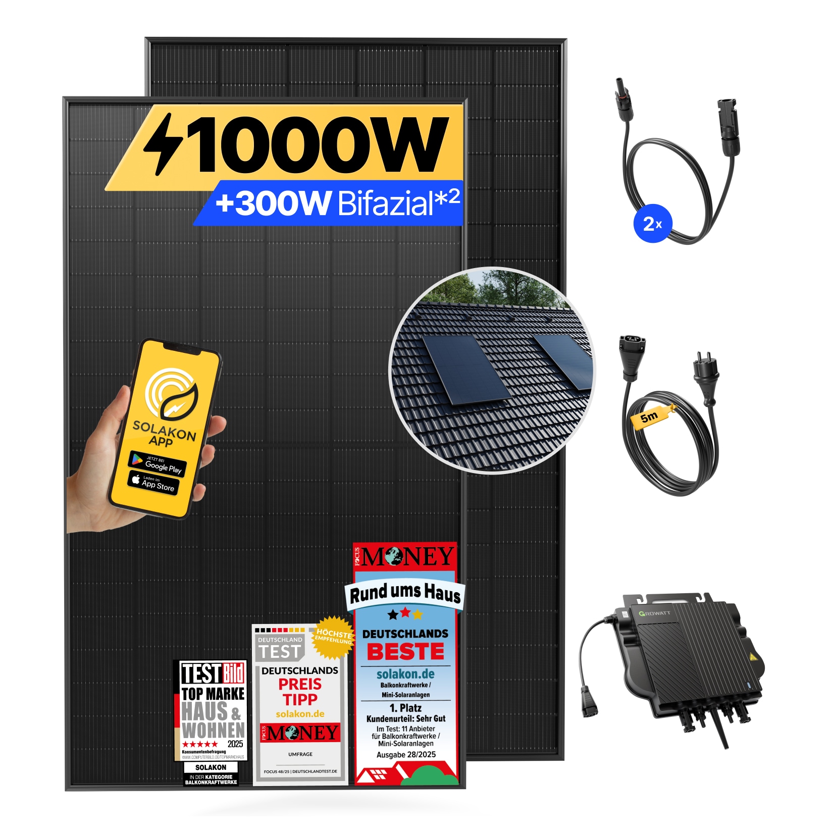 Balkonkraftwerk 1000W/800W Solaranlage mit Dach Halterung (Einzelmontage) Halterung Steckerfertig WIFI Komplettset Photovoltaik Anlage 800W, Kabell&auml;nge: 10m - Bild 1