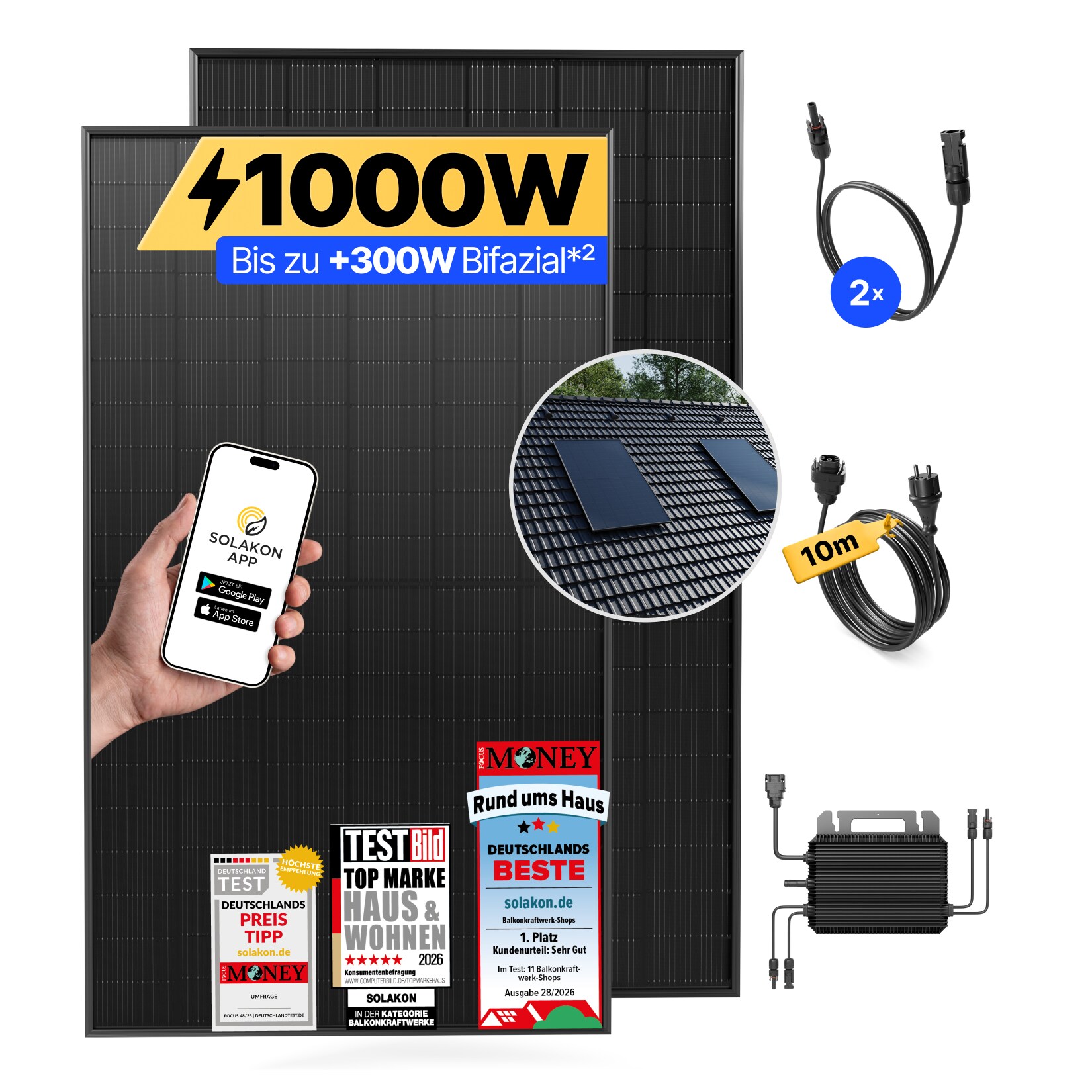 Balkonkraftwerk 1000W/800W Solaranlage mit Dach Halterung (Einzelmontage) Halterung Steckerfertig WIFI Komplettset Photovoltaik Anlage 800W, Kabellänge: 10m