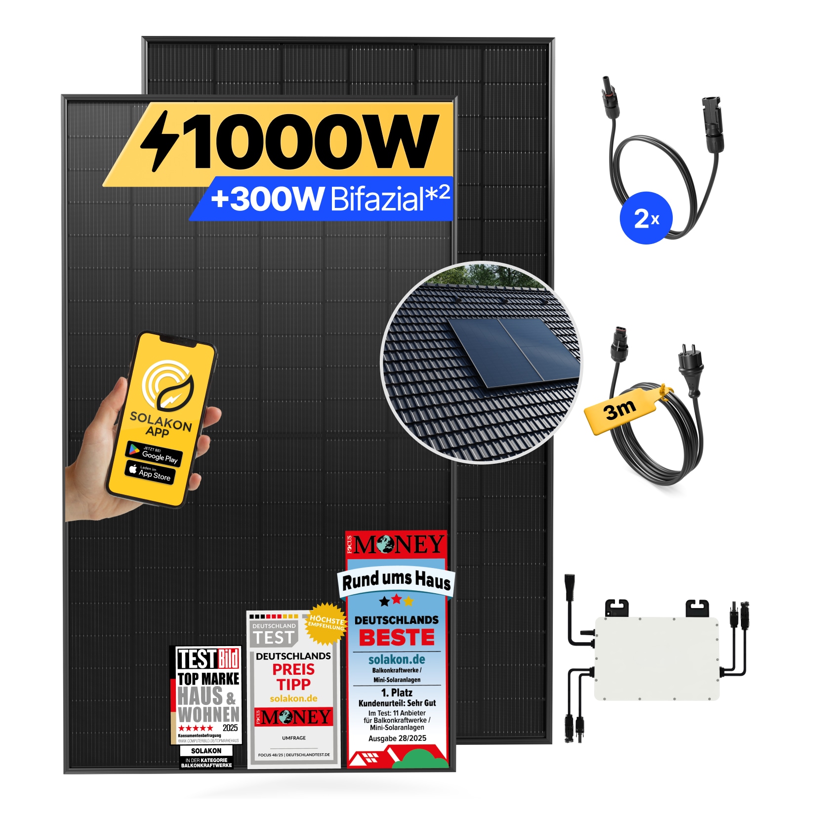 Balkonkraftwerk 1000W/800W Solaranlage mit Dach Halterung (Paarmontage) Halterung Steckerfertig WIFI Komplettset Photovoltaik Anlage 800W, Kabell&auml;nge: 5m - Bild 1
