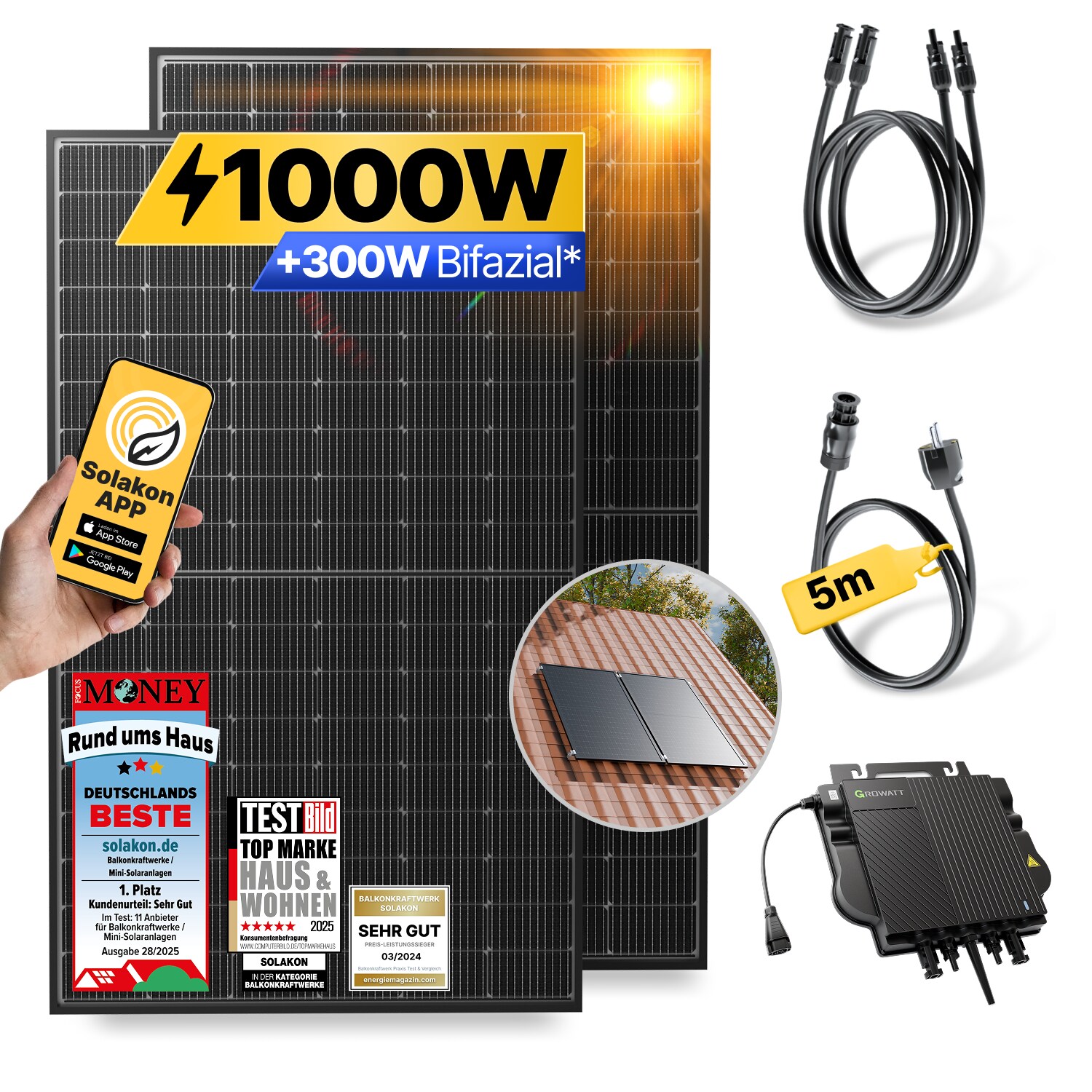 Balkonkraftwerk 1000W/800W Solaranlage mit Dach Halterung (Paarmontage) Halterung Steckerfertig WIFI Komplettset Photovoltaik Anlage 800W, Kabellänge: 5m | 04262399772012