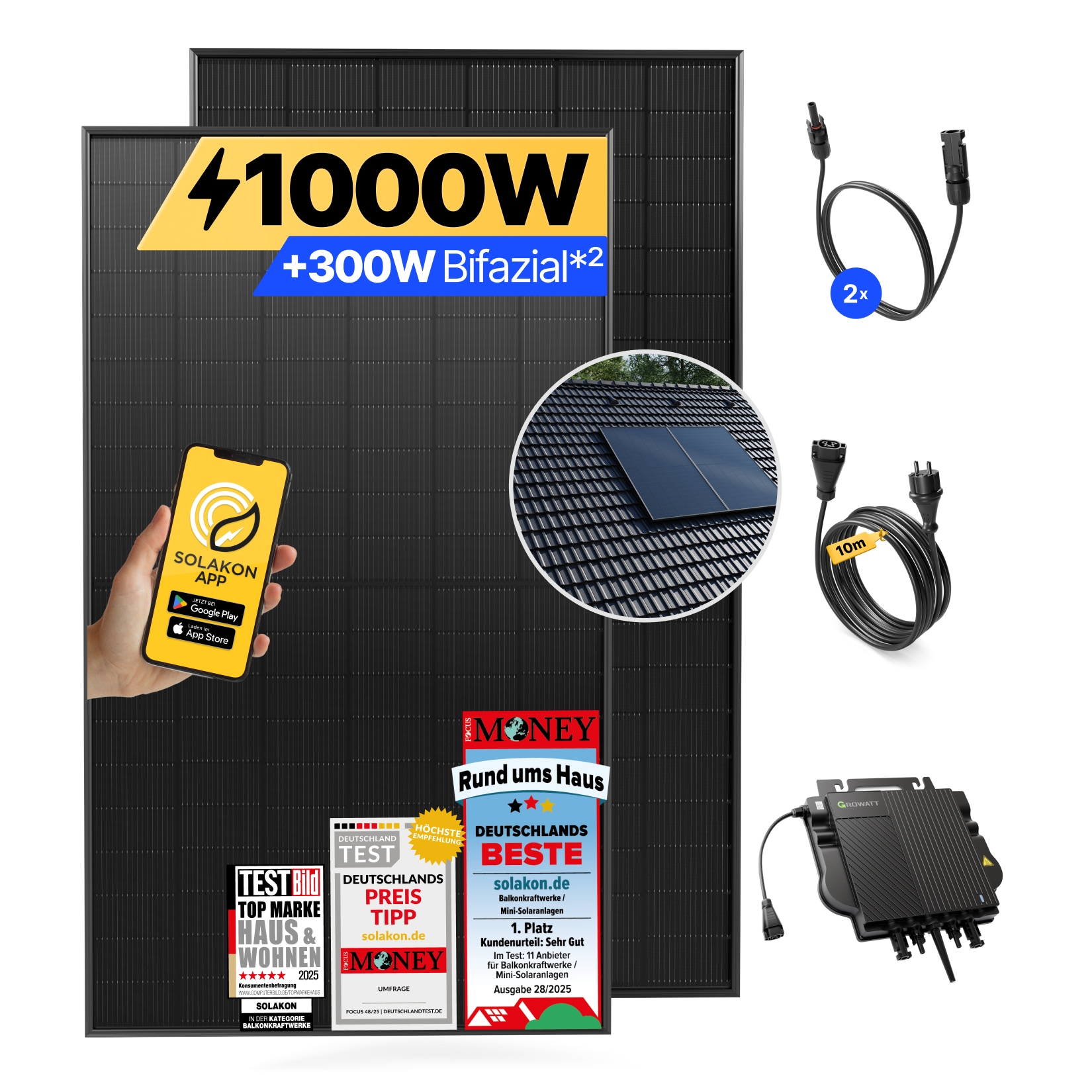 Balkonkraftwerk 1000W/800W Solaranlage mit Dach Halterung (Paarmontage) Halterung Steckerfertig WIFI Komplettset Photovoltaik Anlage 800W, Kabell&auml;nge: 10m - Bild 1