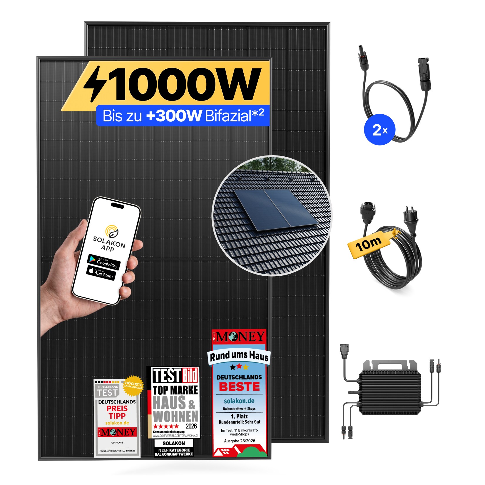 Balkonkraftwerk 1000W/800W Solaranlage mit Dach Halterung (Paarmontage) Halterung Steckerfertig WIFI Komplettset Photovoltaik Anlage 800W, Kabellänge: 10m