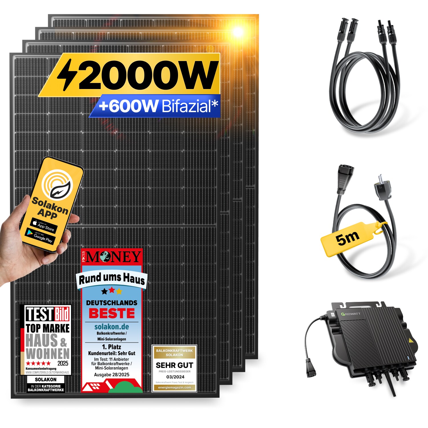 Balkonkraftwerk 2000W/800W Solaranlage Steckerfertig WIFI Komplettset Photovoltaik Anlage 800W, Kabellänge: 5m | 04262399771015