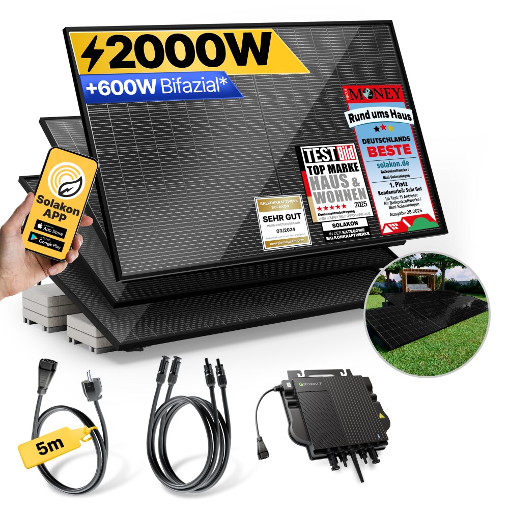 Balkonkraftwerk 2000W/800W Solaranlage mit Garten Halterung Steckerfertig WIFI Komplettset Photovoltaik Anlage 800W, Kabellänge: 5m | 04262399770803
